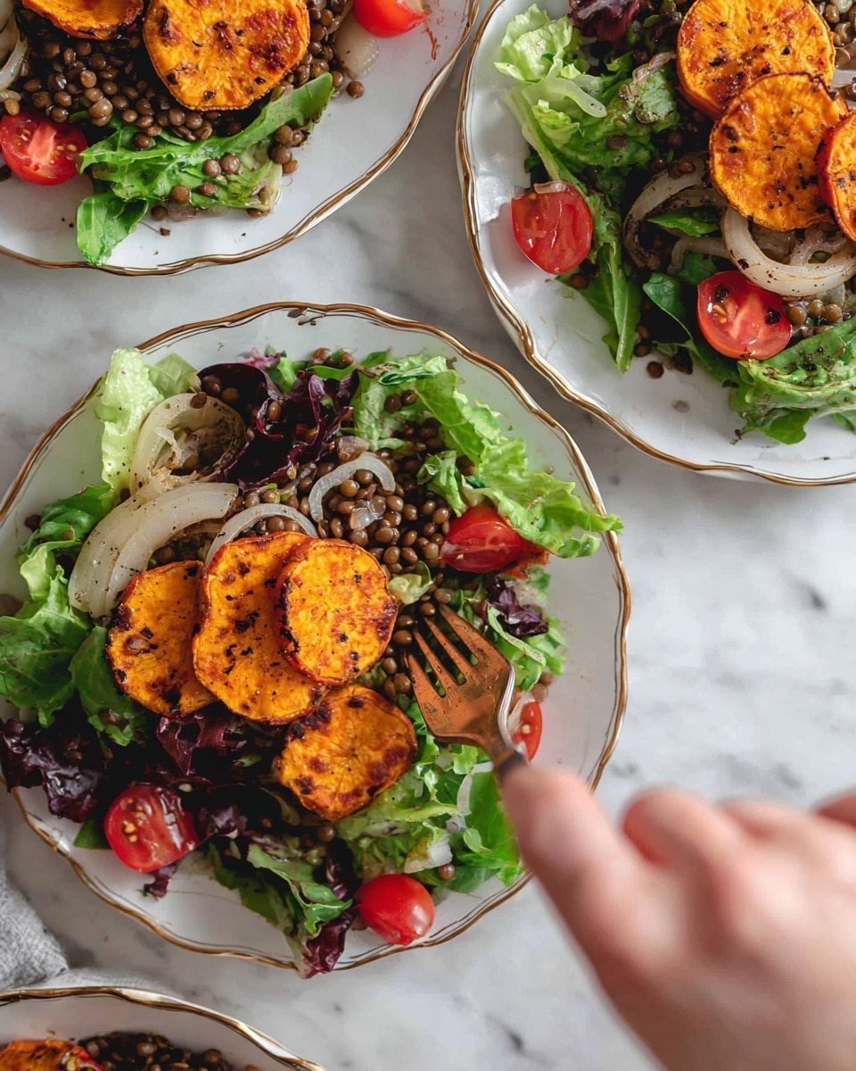 Three white plates with gold rims hold a layered salad on a white marbled surface. Each plate has a base layer of mixed greens including various lettuce varieties, topped with cooked lentils scattered around. On top of the greens and lentils are roasted onion slices with a soft texture and slight browning. Bright red cherry tomato halves are placed among the greens. The top layer consists of golden-orange roasted sweet potato rounds with slightly darkened edges, showing a crisp exterior. In the foreground, a woman's hand holds a fork over one plate, poised to take a bite of the salad. Photo taken with an iphone --ar 4:5 --v 7