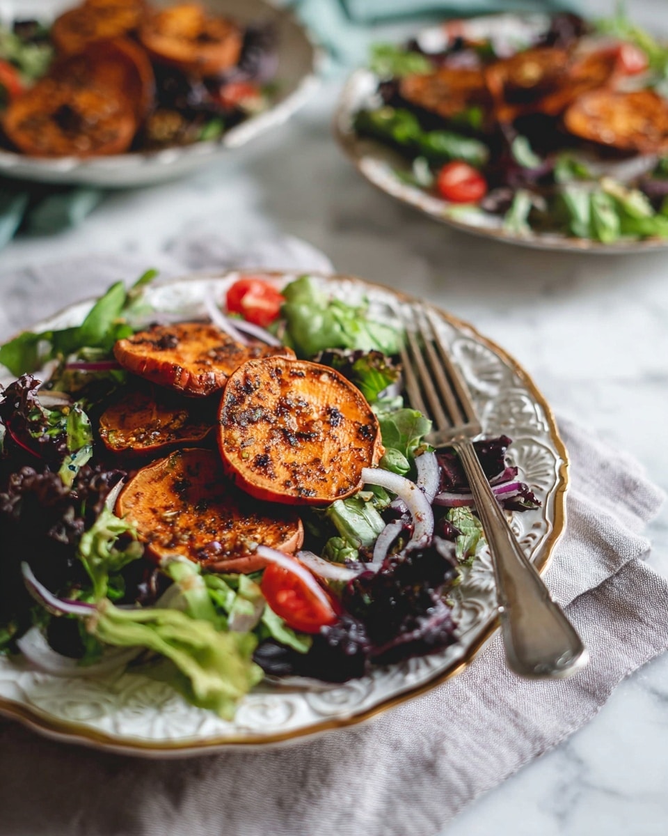 A white ornate plate with a gold rim holds a fresh salad as the base layer consisting of green and purple leafy lettuce, onion slices, and small red tomato pieces. On top lie three round, browned grilled sweet potato slices with visible seasoning and char marks. A silver fork rests on the side of the plate. In the background, there are two more similar white plates with salads and grilled sweet potatoes, all placed on a white marbled surface covered partially by a light gray cloth. The lighting is soft and natural, focusing closely on the front plate. Photo taken with an iphone --ar 4:5 --v 7