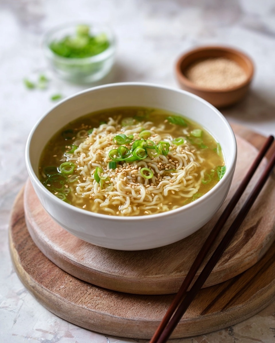 A white bowl filled with three layers: the bottom layer is broth with a light greenish-yellow color, the middle layer shows soft cooked noodles tangled together in a pale cream color, and the top layer has small chopped green onions sprinkled with light brown sesame seeds. The bowl sits on two round wooden boards with a natural wood texture, and on the bowl's edge rest a pair of dark brown chopsticks. In the background, there is a blurred small clear glass bowl with green onions and a light wood bowl filled with sesame seeds on a white marbled surface. Photo taken with an iphone --ar 4:5 --v 7