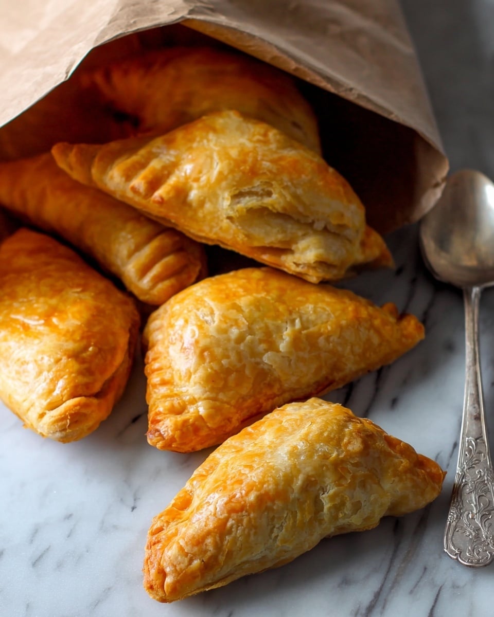 The image shows six golden brown pastries with a flaky, layered texture, spilling out of a brown paper bag onto a white marbled surface. Each pastry is triangular in shape with crimped edges and a slightly uneven, rustic look. The layers inside the pastry are visible, giving a sense of lightness and crispiness. The crusts have a glossy sheen from an egg wash or butter. To the right, a silver spoon with an intricate handle rests on the surface. The overall feel is warm and inviting, highlighting the rough edges and flaky surfaces of the baked pastries photo taken with an iphone --ar 4:5 --v 7