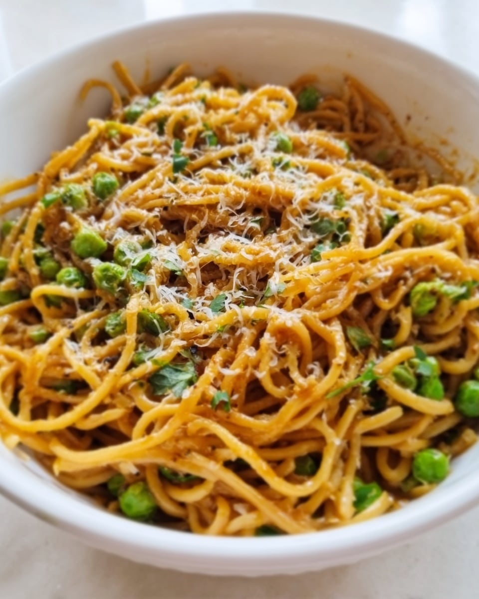 This close-up photo shows a pile of thick noodles mixed with green vegetable slices, sprinkled all over with small white sesame seeds and tiny bits of crushed nuts. The noodles are glossy and coated in a light brown sauce with red chili flakes scattered throughout. The vegetables are fresh and bright green, evenly mixed among the noodles, which are twisted and curved in different directions. The whole dish sits on a white marbled surface. photo taken with an iphone --ar 4:5 --v 7