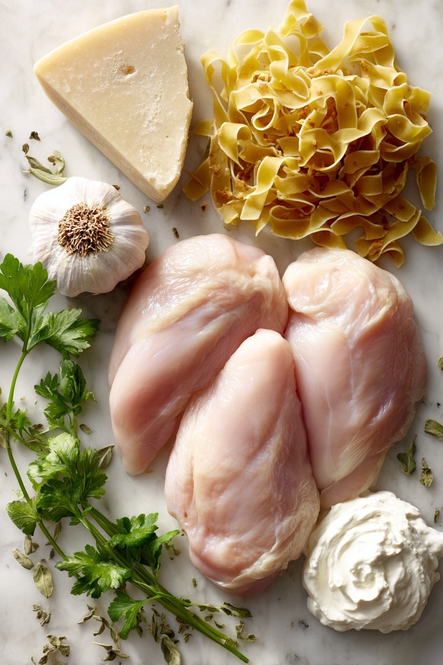 Flat lay of fresh raw chicken breasts with smooth pale pink skin, whole garlic cloves with papery white skins and smooth cloves peeking out, a wedge of creamy pale yellow Parmesan cheese with a textured rind, a small bunch of bright green fresh parsley leaves, a heap of golden uncooked pasta strands, and a small mound of white Greek yogurt with a thick creamy texture, all beautifully arranged with some scattered dried oregano leaves showing earthy green hues, placed on white marbled surface, photo taken with an iphone --ar 2:3 --v 7 - Healthy Chicken Alfredo, healthy creamy chicken pasta, easy chicken Alfredo, light chicken Alfredo dinner, quick healthy chicken recipe