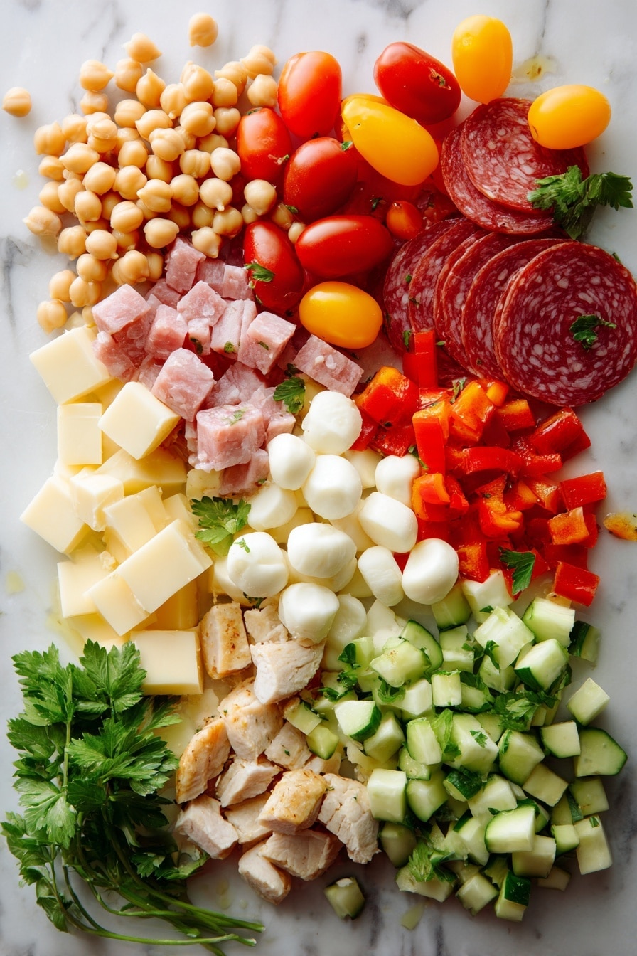 Flat lay of plump beige chickpeas and creamy white cannellini beans, vibrant quartered red and yellow grape tomatoes glistening with freshness, bright orange and red chopped sweet bell peppers showing their crisp texture, cool pale green cucumber cubes with seeds gently scooped out, thin slices of deep reddish-brown salami contrasting with cubes of creamy white mozzarella pearls and sharp pale yellow cheddar cheese, small sprigs of fresh green parsley adding a touch of brightness, and chunks of tender light golden cooked chicken, all arranged naturally with some scattered parsley leaves and a small pool of glossy deep red sun-dried tomato vinaigrette pooling slightly nearby, placed on white marbled surface, photo taken with an iphone --ar 2:3 --v 7 - Dense Bean Salad with Sun-Dried Tomato Vinaigrette, hearty bean salad recipe, healthy bean salad ideas, vegan bean salad, tangy vinaigrette salad
