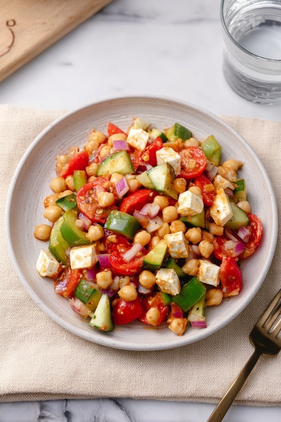 A white round plate filled with a colorful salad made of three main layers: the base layer is small white beans and chickpeas, scattered throughout; mixed in the middle layer are chunky pieces of fresh green bell pepper, sliced cucumbers, and juicy red cherry tomatoes cut in halves and quarters; the top layer contains soft cream-colored cheese cubes and small chopped pieces of red onion, all tossed lightly in a glossy orange-colored dressing. The plate sits on a pale beige cloth on a white marbled surface with a clear glass of water and a fork on the right side. photo taken with an iphone --ar 2:3 --v 7 - Dense Bean Salad with Sun-Dried Tomato Vinaigrette, hearty bean salad recipe, healthy bean salad ideas, vegan bean salad, tangy vinaigrette salad