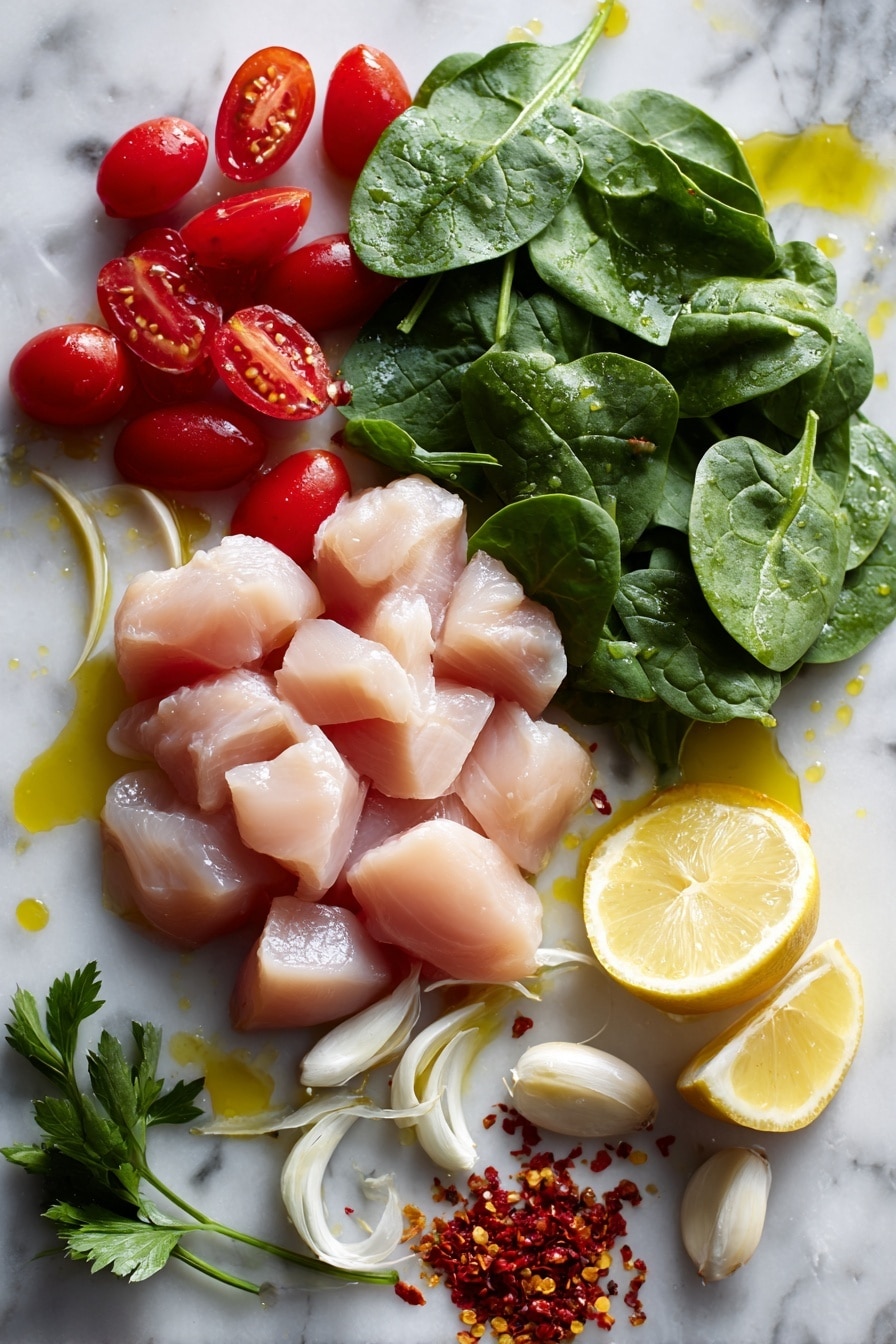 Flat lay of fresh boneless skinless chicken breasts sliced into cubes with smooth pale pink flesh, vibrant red cherry tomatoes halved to reveal juicy interiors, bright green baby spinach leaves with crisp texture, thinly sliced garlic cloves showing creamy white layers, fresh parsley sprigs with deep green delicate leaves, a halved bright yellow lemon with shiny peel and juicy pulp, and small piles of crushed red pepper flakes with vivid red and orange tones, all arranged naturally with a splash of golden olive oil droplets glistening subtly, placed on white marbled surface, photo taken with an iphone --ar 2:3 --v 7 - Creamy Chicken Scampi with Cherry Tomatoes and Spinach, Chicken Scampi, Easy Chicken Dinner, Fresh Tomato and Spinach Pasta, Weeknight Chicken Recipes