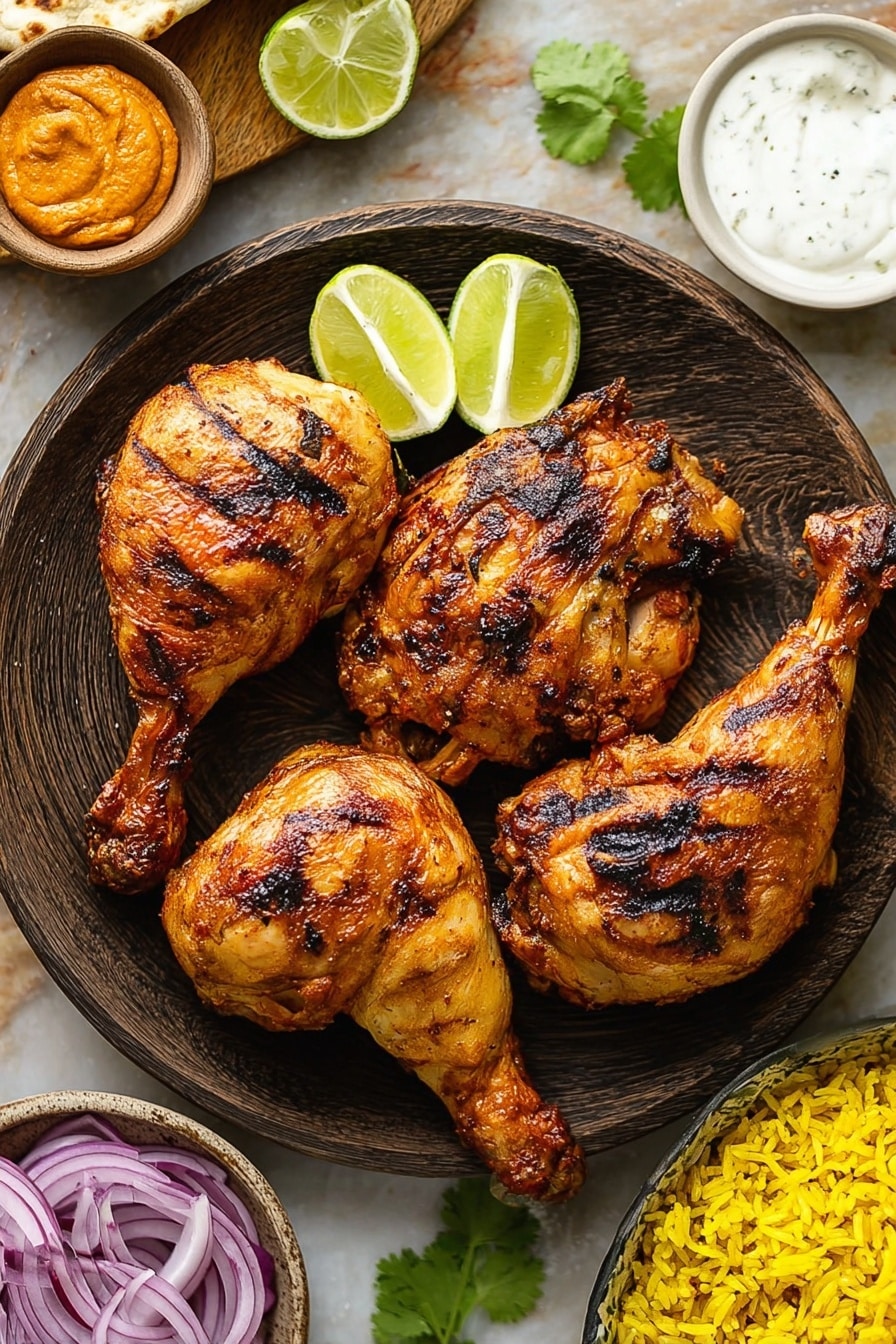There is a round black plate with four grilled chicken leg quarters on it. The chicken pieces are golden brown with some dark grill marks and a slightly shiny texture, showing they are cooked well. On the plate, next to the chicken, are three lime wedges, light green with juicy white edges. Around the plate, on the white marbled surface, are thin purple onion rings, some green cilantro leaves, half a lime, and two small white bowls—one with orange-colored chutney and the other with white sauce. In the bottom right corner, part of a white bowl filled with bright yellow rice with black mustard seeds is visible. Photo taken with an iphone --ar 2:3 --v 7 - Authentic Tandoori Chicken, homemade tandoori chicken recipe, spicy tandoori chicken marinade, oven-baked tandoori chicken, Indian-style tandoori chicken