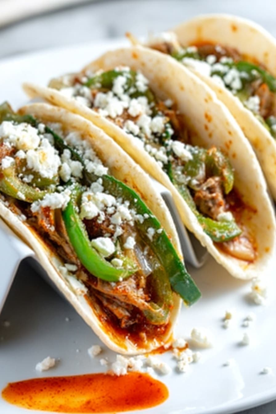 Three soft tortillas stand upright in a white taco holder on a white marbled surface. Each tortilla holds layers of cooked meat pieces that are brown and tender, mixed with bright green sliced peppers and onions cooked to a light golden color. The tacos are topped with white crumbly cheese scattered lightly over the filling. A small spot of reddish-orange sauce sits on the plate in front of the tacos, adding a pop of color. The image is clear and bright, showing the textures of the warm tortillas and fresh toppings. Photo taken with an iphone --ar 2:3 --v 7 - Chicken Fajita Tacos, easy fajita tacos, quick fajita recipe, flavorful chicken tacos, weeknight dinner ideas