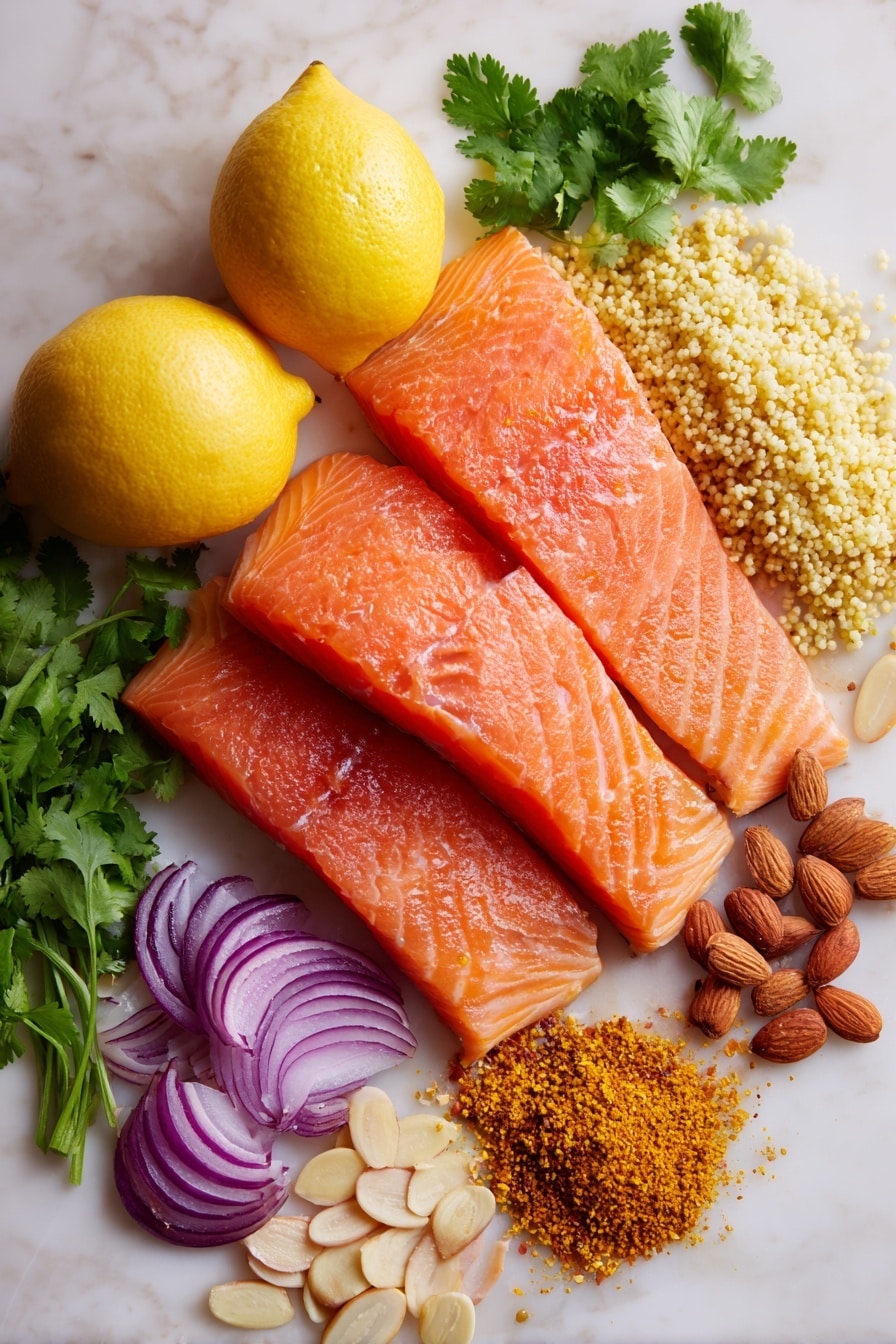 Flat lay of fresh pink salmon fillets with smooth skin, bright yellow lemons whole and halved showing juicy flesh, thinly sliced purple shallots arranged in half moons, vibrant green cilantro leaves roughly chopped, glossy golden raisins scattered around, pale beige sliced almonds with a smooth texture, and a small pile of warm brown ras el hanout spice powder with a fine texture, placed on white marbled surface, photo taken with an iphone --ar 2:3 --v 7 - 30-Minute Moroccan-Spiced Salmon and Couscous, Moroccan-Spiced Salmon, quick salmon recipes, healthy seafood dinner, easy Moroccan-inspired meals