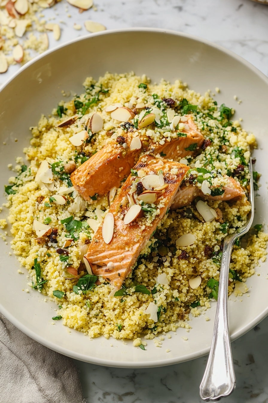 A white plate holds a bed of light yellow couscous mixed with small green herb pieces, dark raisins, and thin white almond slices scattered on top. On the couscous lies a thick, golden-brown cooked salmon piece with a slightly flaky texture, partly broken to show its soft, pink inside. A silver fork is partially visible on the right side of the plate. The plate is placed on a white marbled surface with some couscous and almonds scattered around. Photo taken with an iphone --ar 2:3 --v 7 - 30-Minute Moroccan-Spiced Salmon and Couscous, Moroccan-Spiced Salmon, quick salmon recipes, healthy seafood dinner, easy Moroccan-inspired meals