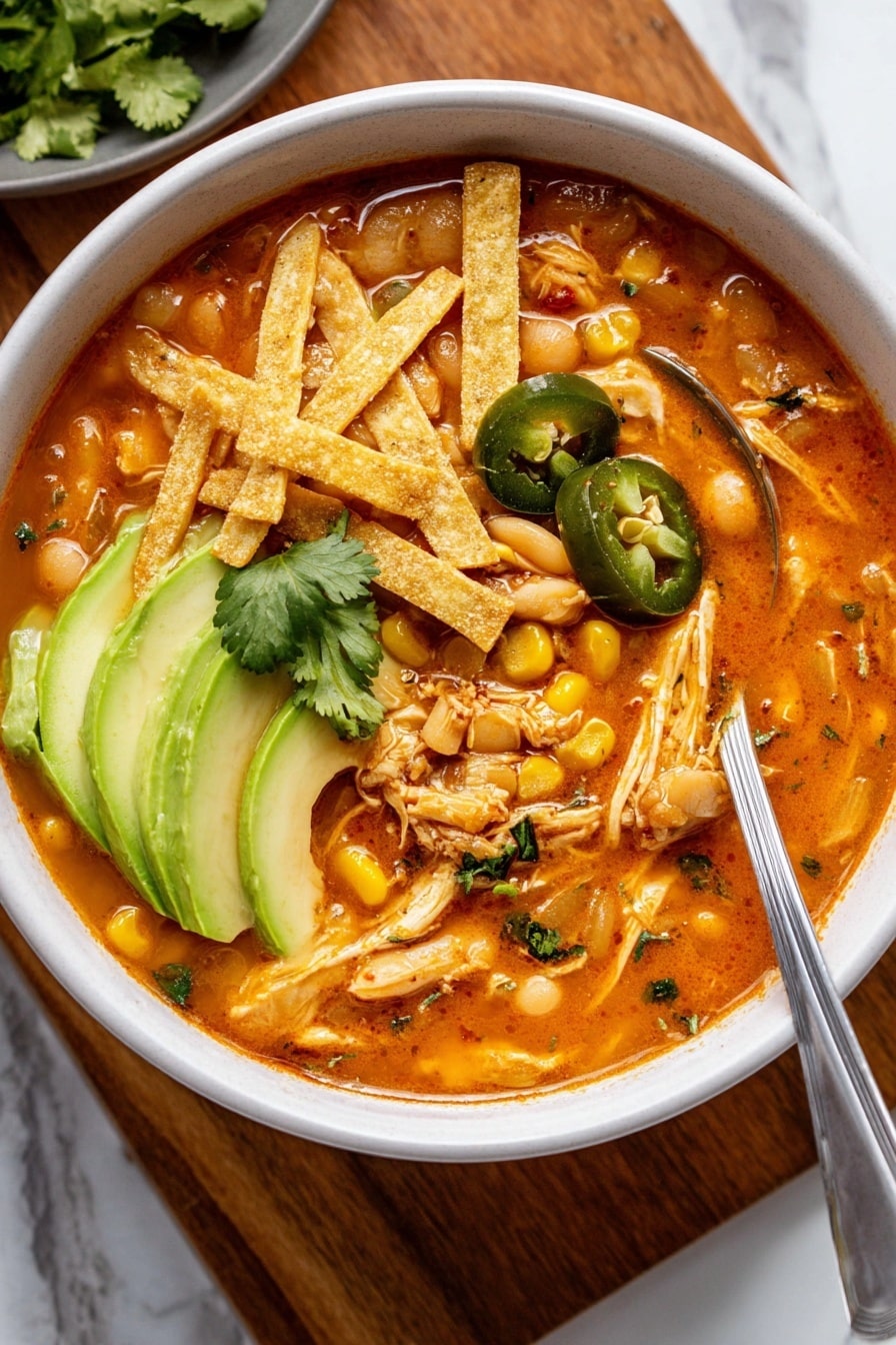 A white bowl filled with thick orange-red soup containing white beans and shredded chicken pieces, topped with three thin crispy tortilla strips placed near the top edge, two green jalapeño slices, and three light green avocado slices on the left side, along with bright green cilantro leaves near the center. The soup looks chunky with corn bits, finely chopped onions, and herbs mixed inside. A silver spoon is inside the bowl on the right, partially submerged in the soup. The bowl is set on a wooden board with a white marbled surface visible beneath it. Photo taken with an iphone --ar 2:3 --v 7 - Creamy White Bean Chicken Enchilada Soup, white bean chicken enchilada soup, Mexican-inspired creamy soup, healthy chicken enchilada soup, easy comforting soup recipes