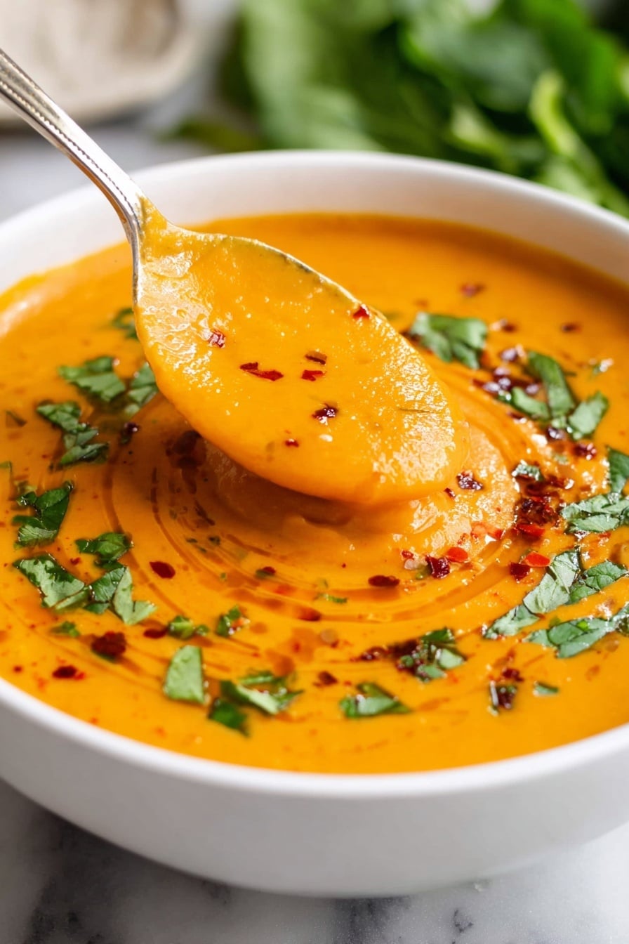 A white bowl filled with smooth orange soup, swirled gently to show a creamy texture, topped with a sprinkle of chopped green cilantro and red chili flakes that add contrast on the surface. A woman's hand is holding a spoon lifting a scoop of the soup from the middle, showing its thickness. Around the bowl, there are pieces of light brown bread, a whole yellow lemon, fresh coriander leaves, garlic cloves, and a small glass bowl with orange lentils, all set on a white marbled surface. Photo taken with an iphone --ar 2:3 --v 7 - Creamy Red Lentil Soup, Easy One-Pot Lentil Soup, High-Protein Vegan Soup, Hearty Red Lentil Recipes, Healthy Lentil Soup