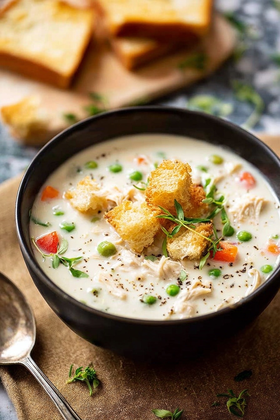 A black bowl sits on a brown textured cloth over a white marbled surface, filled with creamy white soup. The soup has visible green peas, small orange and red vegetable pieces, and white shredded pieces, possibly chicken. On top, there are golden croutons and fresh green herb sprigs scattered. A silver spoon lies to the left of the bowl, and in the blurred background, there are toasted bread triangles on a light wooden surface. photo taken with an iphone --ar 2:3 --v 7 - Homemade Cream of Chicken Soup, creamy chicken soup from scratch, homemade chicken soup base, easy homemade chicken soup, DIY cream of chicken