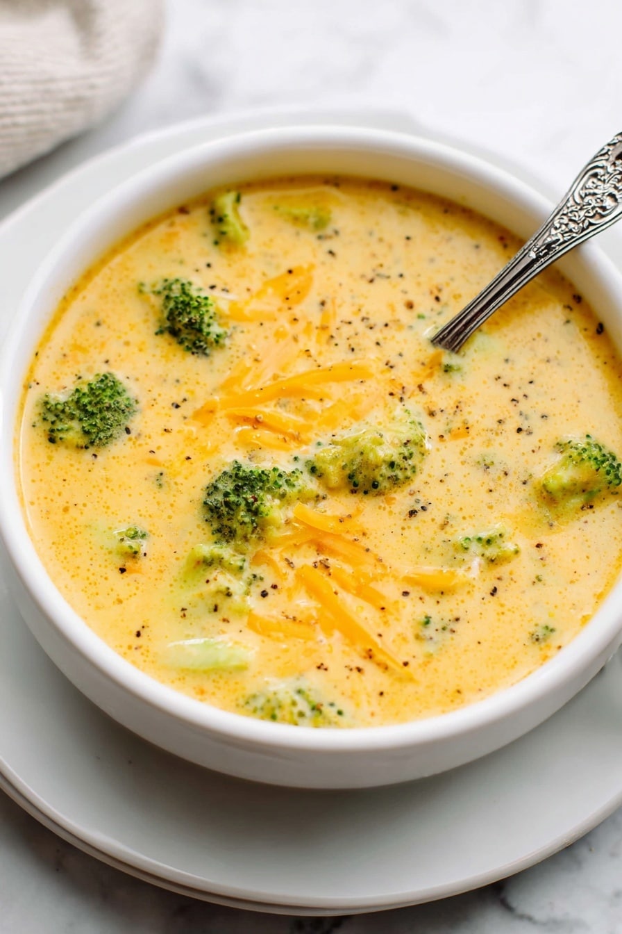 The image shows a white bowl filled with creamy, thick broccoli cheddar soup. The soup has a smooth, yellow-orange base with visible small green broccoli florets and chunks of melted cheddar cheese scattered throughout. A spoon lifting some soup reveals its rich, velvety texture along with bits of broccoli and cheese, with a small sprinkle of black pepper on top. The bowl is set on a white marbled surface. Photo taken with an iphone --ar 2:3 --v 7 - Vegan Broccoli Cheddar Soup, dairy-free cheesy soup, plant-based creamy soup, vegan broccoli soup recipe, healthy vegan soup
