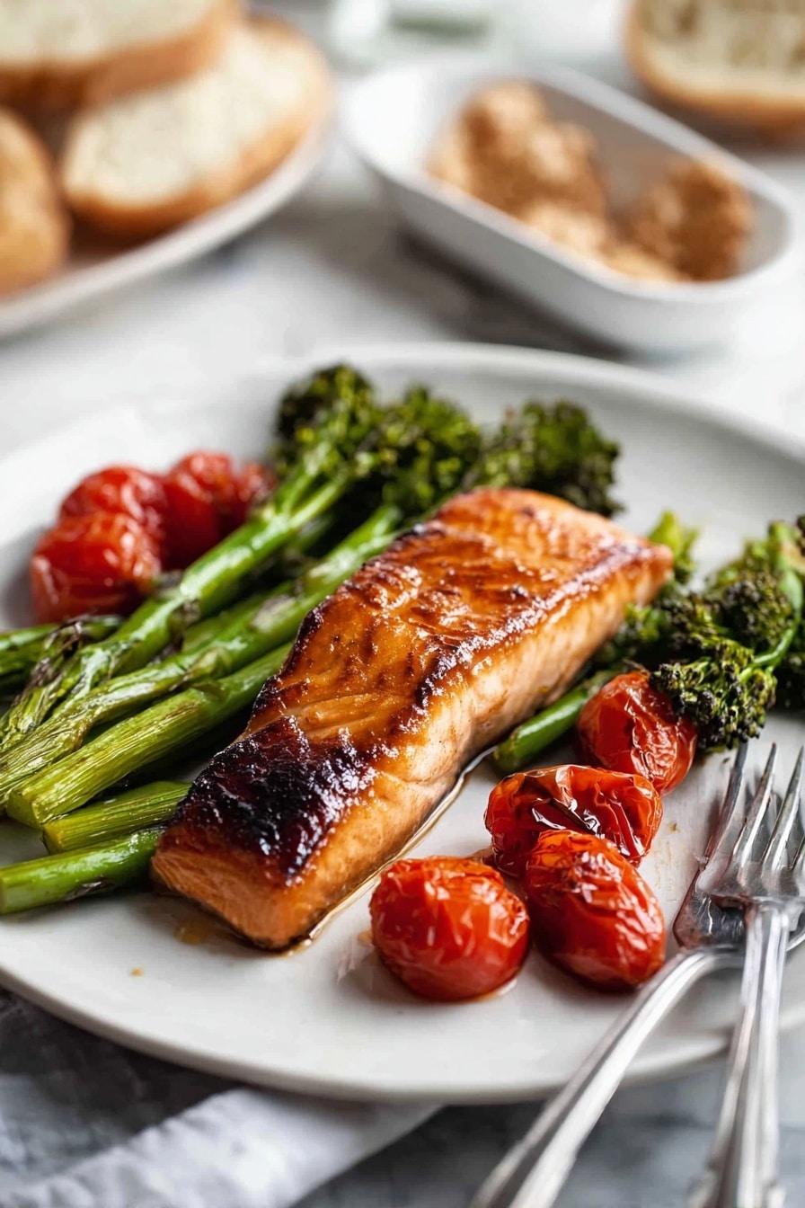 A white plate holds a grilled salmon fillet in the center with a shiny, caramelized brown surface showing grill marks. Underneath and around the salmon are green asparagus and broccolini with a slightly charred texture. Bright red roasted cherry tomatoes, some whole and some halved, are scattered on the plate around the vegetables and fish. A silver fork rests on the right side of the plate, its tip near the salmon. The plate sits on a white marbled surface. In the blurred background, there is a white dish with brown crumbs and some slices of a white baguette. photo taken with an iphone --ar 2:3 --v 7 - Brown Sugar Broiled Salmon with Roasted Vegetables, salmon with caramelized glaze, quick healthy seafood dinner, easy roasted vegetable side, under 15-minute salmon recipe