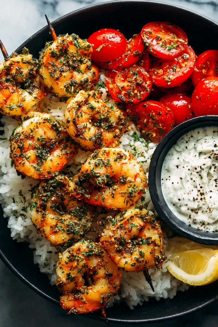 A close-up view of a dish showing six grilled shrimp with a golden-brown color and green herb seasoning on top. The shrimp are arranged in a row on a bed of white rice that looks soft and fluffy, all placed in a white bowl. A small wedge of orange lemon is visible on the side of the bowl. The background has a white marbled texture. Photo taken with an iphone --ar 2:3 --v 7 - Chimichurri Shrimp with Rice and Tzatziki, flavorful shrimp with chimichurri sauce, easy seafood dinner, healthy shrimp recipes, quick weeknight dinner ideas