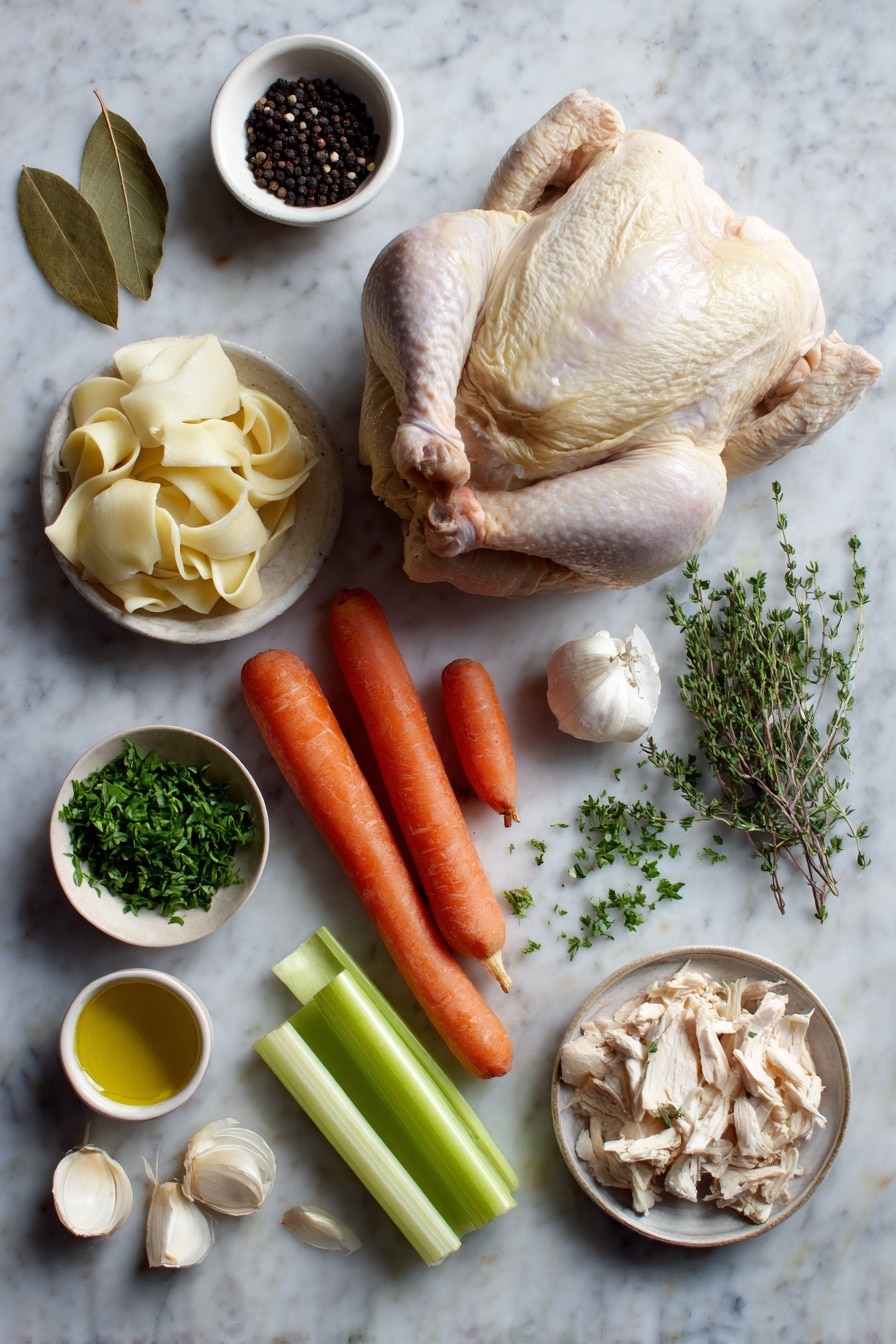 Flat lay of one whole fresh chicken, a halved head of garlic, two whole carrots cut into chunks, two celery ribs in large pieces, two quartered onions, a small bowl of black peppercorns, two bay leaves, four sprigs of thyme, a small dish of olive oil, a few minced garlic cloves, a handful of shredded chicken, a small pile of egg noodles, and a scattering of chopped parsley placed on a white marble surface, photo taken with an iphone --ar 2:3 --v 7 - Homemade Chicken Noodle Soup from Scratch, chicken noodle soup from scratch, homemade chicken soup, hearty chicken noodle recipe, easy homemade chicken soup