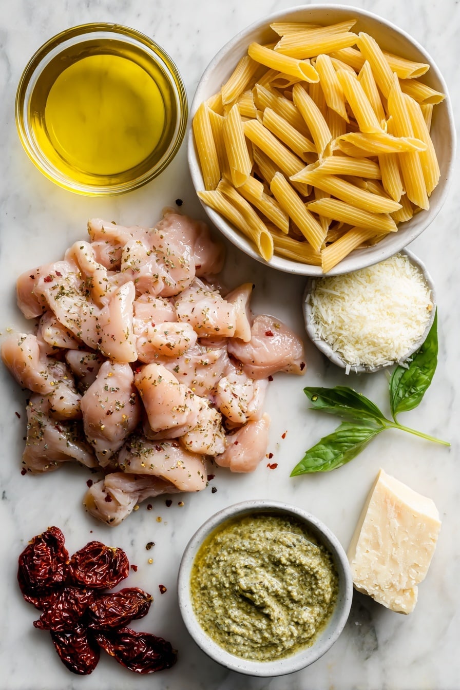 Flat lay of a small pile of boneless skinless chicken breast pieces seasoned with Italian herbs, a handful of uncooked ridged penne pasta, a small shallow dish of golden olive oil, a small bowl of creamy heavy cream, a quarter cup of grated parmesan cheese in a small mound, a small cluster of sun-dried tomatoes, a half cup dollop of vibrant green basil pesto, a few red pepper flakes scattered nearby, and a few fresh torn basil leaves artfully arranged, all placed on a white marble surface, photo taken with an iphone --ar 2:3 --v 7 - Chicken Pesto Pasta, easy chicken pesto pasta, quick pesto pasta recipe, creamy chicken pasta, sun-dried tomato pasta