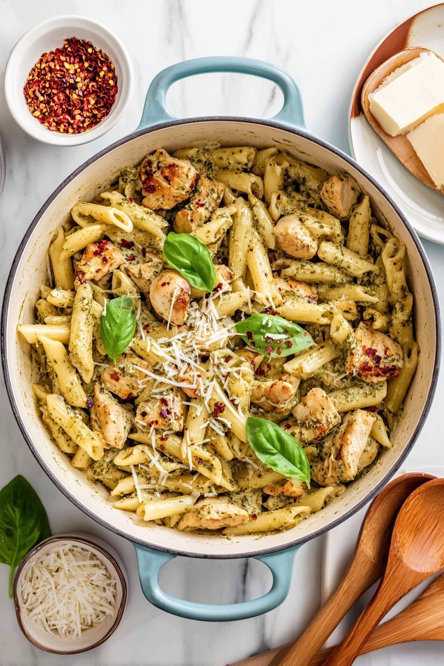 The image shows a large white pot filled with creamy pasta and chunks of chicken mixed with green pesto sauce, with bits of red chili flakes sprinkled on top. The pasta is penne, pale yellow with a smooth texture, and the chicken pieces are golden brown and scattered evenly throughout. Fresh green basil leaves are placed on top as garnish, adding a bright contrast. A few shreds of white Parmesan cheese are sprinkled over the dish. The pot sits on a white marbled surface, surrounded by a small white bowl of red chili flakes with a spoon, a white bowl filled with white rice, and a block of Parmesan cheese. To the right, wooden salad servers rest on a white oval plate. Photo taken with an iphone --ar 2:3 --v 7 - Chicken Pesto Pasta, easy chicken pesto pasta, quick pesto pasta recipe, creamy chicken pasta, sun-dried tomato pasta