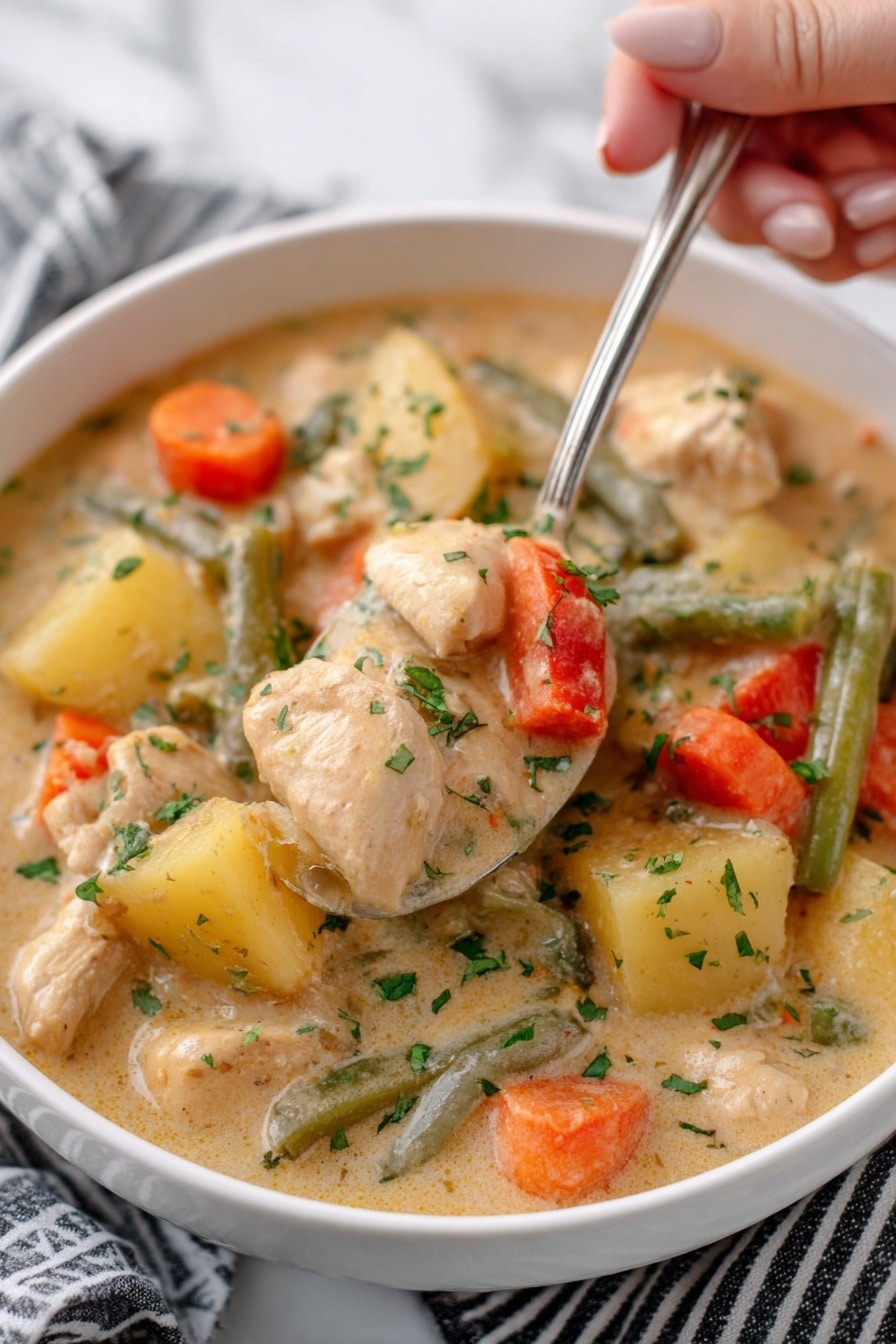The image shows a close-up of a white bowl filled with creamy chicken stew. The stew has several visible layers: chunks of cooked chicken, orange carrot pieces, green beans, yellow potato cubes, and small bits of red bell pepper. The sauce is light beige, thick, and creamy, coating all the ingredients. The stew is garnished with chopped green herbs scattered on top. A silver ladle is scooping up a mix of chicken, vegetables, and sauce, held by a woman's hand. The background is a white marbled surface with a black and white striped cloth partly visible under the bowl. photo taken with an iphone --ar 2:3 --v 7 - Hearty Chicken and Vegetable Stew, Comforting chicken vegetable stew, Easy chicken stew recipe, Hearty winter stews, Healthy chicken vegetable dinner