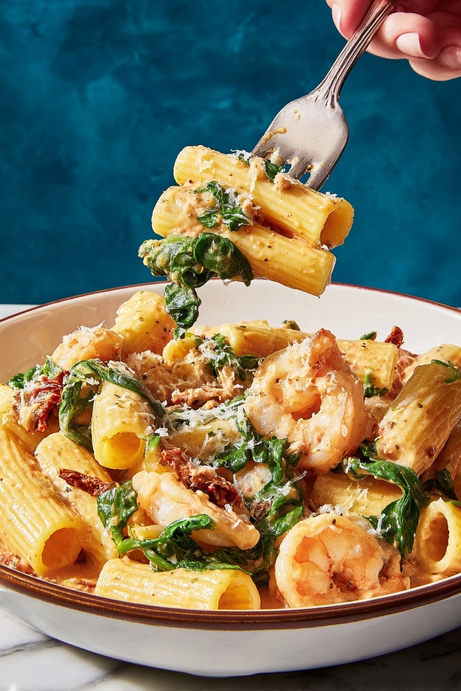 The dish is a bowl of rigatoni pasta mixed with cooked shrimp and spinach, all covered in a creamy orange sauce. The rigatoni is tubular with ridges, light yellow with the sauce coating them. The shrimp are plump and pale pink, scattered evenly throughout the pasta. The fresh green spinach leaves add color and texture, some folded into the pasta. Small pieces of what looks like sundried tomatoes are mixed in, giving a reddish contrast. The dish is sprinkled with a light layer of grated cheese on top. A woman's hand holding a silver fork lifts some pasta and spinach above the bowl. The bowl is white with a thin brown rim, resting on a white marbled surface with a blue background. Photo taken with an iphone --ar 2:3 --v 7 - Marry Me Shrimp Pasta with Sun-Dried Tomato Cream Sauce, shrimp pasta recipe, sun-dried tomato pasta, creamy shrimp pasta, romantic seafood dinner