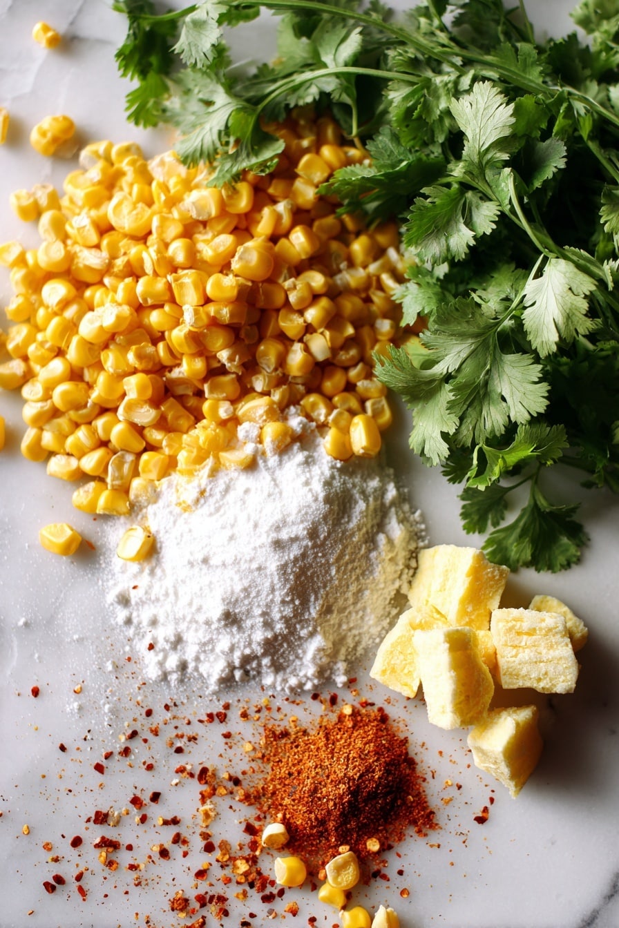 Flat lay of fresh yellow corn kernels, bright green cilantro leaves, vibrant lime zest, golden butter chunks, and a small mound of white cornstarch powder, with a sprinkle of red cayenne pepper flakes scattered artfully, all placed on a white marble surface, photo taken with an iphone --ar 2:3 --v 7 - Cilantro-Lime Instant Pot Creamed Corn, creamed corn recipes, quick corn side dish, instant pot corn recipes, cilantro lime side dish