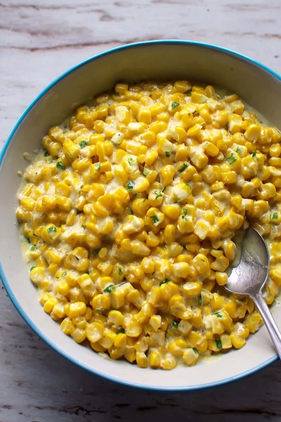 A bowl filled with cooked yellow corn kernels mixed in a creamy sauce with small green herb pieces, the bowl is white with a light blue rim, and a spoon resting inside slightly on the right side. The bowl sits on a white marbled surface. photo taken with an iphone --ar 2:3 --v 7 - Cilantro-Lime Instant Pot Creamed Corn, creamed corn recipes, quick corn side dish, instant pot corn recipes, cilantro lime side dish