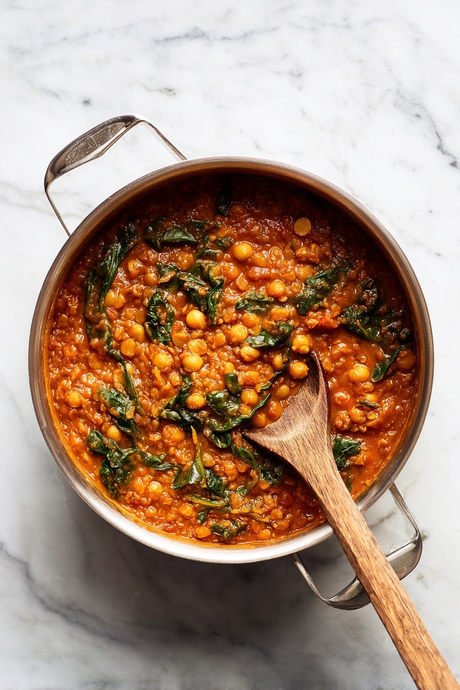 A top view of a large silver pot filled with a thick stew made of red lentils, chickpeas, and small pieces of leafy greens mixed in a rich reddish-orange sauce. A rustic wooden spoon rests inside the pot on the right side, partially covered in the stew. The pot is placed on a dark wooden surface with visible grain and texture. photo taken with an iphone --ar 2:3 --v 7 - Moroccan Lentil and Chickpea Soup, Harira, Moroccan soup with warm spices, hearty Moroccan lentil soup, traditional Moroccan chickpea soup