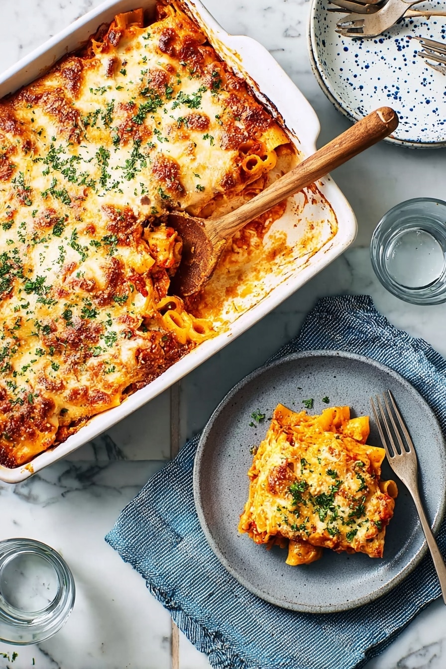 The image shows a large white baking dish filled with baked pasta topped with a golden, slightly browned cheese layer that is sprinkled with green herbs. A wooden spoon with a light brown handle is scooping some pasta from the dish. Next to the dish, on a white marbled surface with a blue and white textured cloth underneath, there is a grey plate holding a square piece of the pasta bake, showing layers of orange pasta, red sauce, melted cheese, and green herbs on top. A metal fork rests beside the plate and a clear glass of water is nearby. In the background, a white plate with blue speckles and a fork sit on the white marbled surface. photo taken with an iphone --ar 2:3 --v 7 - Baked Ziti with Spicy Italian Sausage, Cream, and Mozzarella, Spicy Italian Sausage Pasta Bake, Creamy Baked Ziti, cheesy Italian sausage casserole, hearty pasta dishes