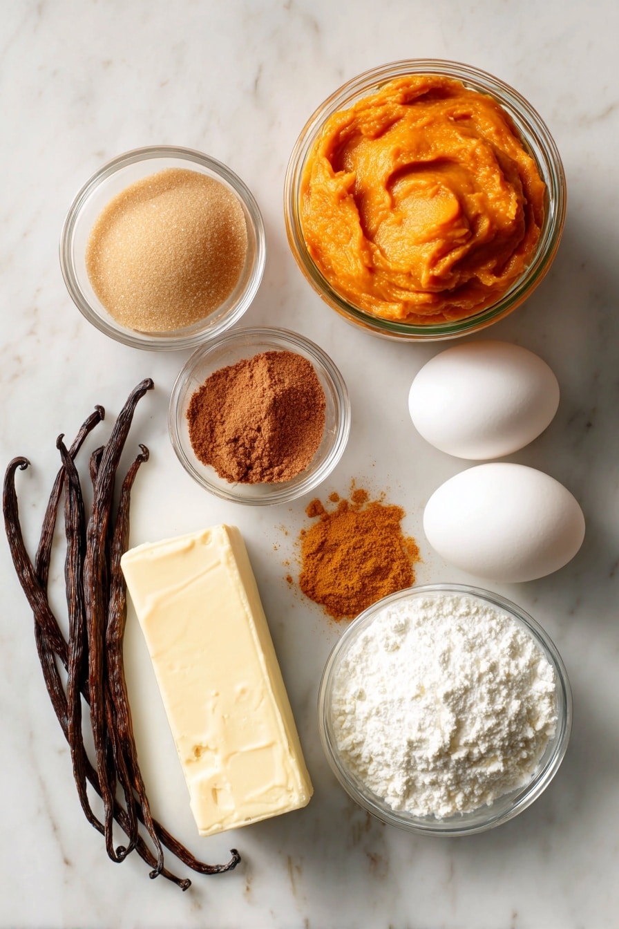 Flat lay of bright orange pumpkin purée in a glass jar, a small mound of warm brown sugar, a stick of creamy unsalted butter, two large fresh eggs, a block of smooth cream cheese, a pile of sifted white confectioners’ sugar, golden pumpkin pie spice scattered artistically, and vanilla beans arranged neatly, placed on a white marble surface, photo taken with an iphone --ar 2:3 --v 7 - Easy Pumpkin Whoopie Pies, Pumpkin Whoopie Pies, Fall Dessert Recipes, Pumpkin Spice Cookies, Homemade Pumpkin Sandwiches