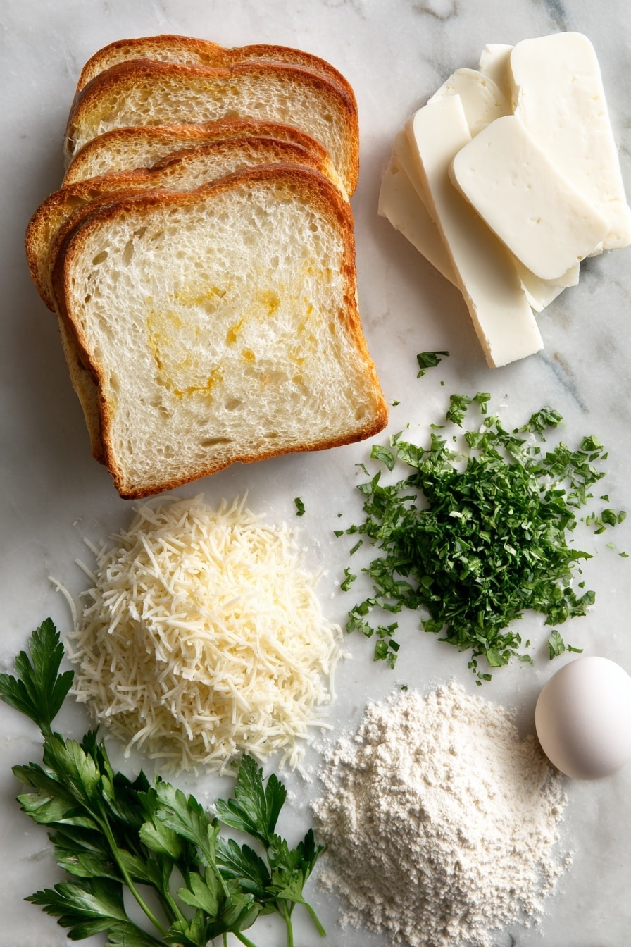 Flat lay of thick white bread slices with crusts removed, thick quarter-inch mozzarella cheese slices stacked neatly, a small pile of beaten eggs with flecks of chopped fresh parsley, a heap of finely grated Pecorino Romano cheese, a small mound of all-purpose flour dusted lightly, and fresh sprigs of bright green parsley leaves, placed on a white marble surface, photo taken with an iphone --ar 2:3 --v 7 - Mozzarella en Carrozza, Italian mozzarella sandwiches, cheesy fried bread, crispy mozzarella appetizer, how to make Mozzarella en Carrozza
