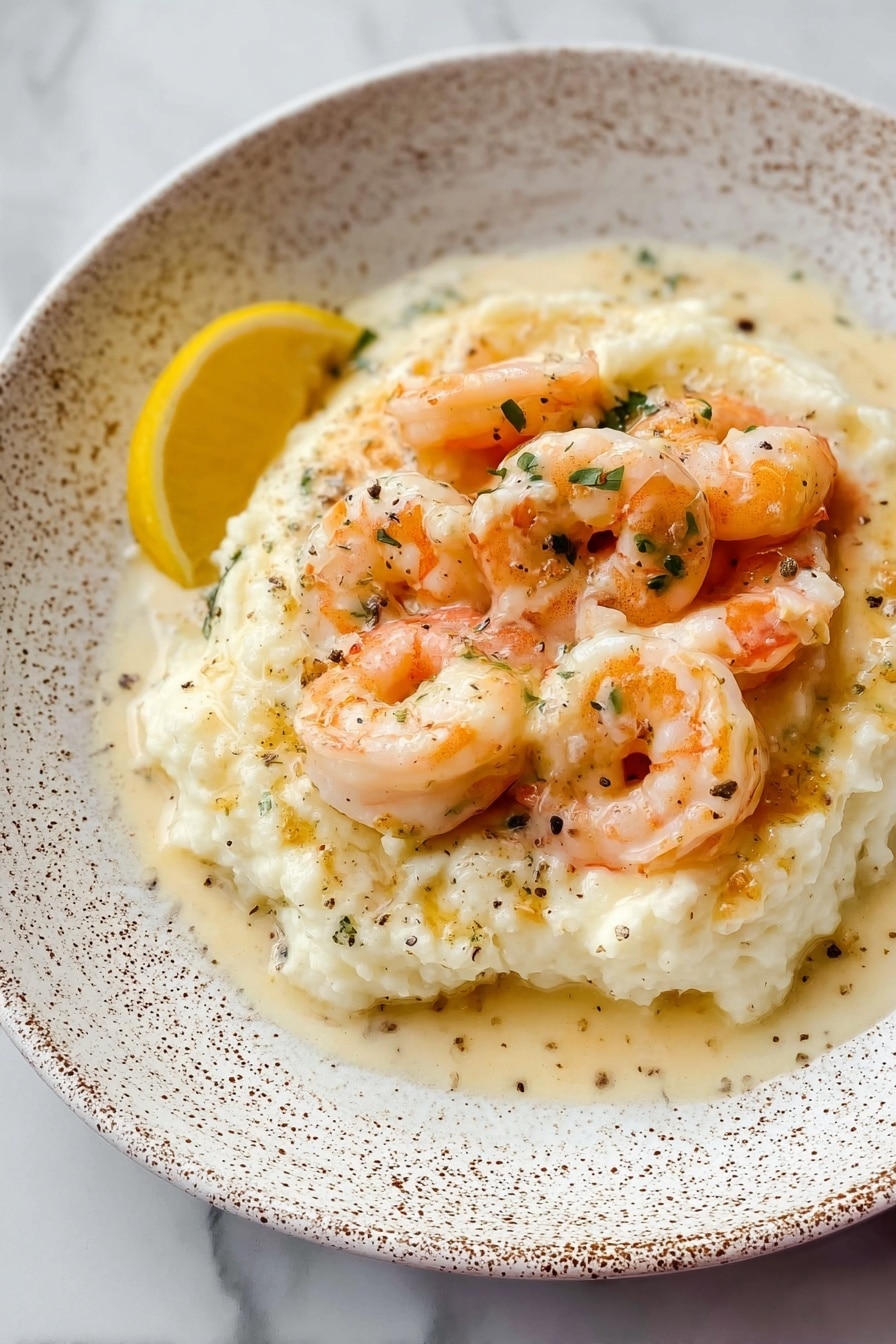 A silver pan filled with creamy white sauce that covers most of the pan's bottom, topped with light pink cooked shrimp scattered evenly, some sprinkled with small green herbs. Three bright yellow lemon wedges rest on top of the shrimp and sauce, adding a fresh contrast. The sauce has a smooth texture with small specks of black pepper and herbs throughout. The image is placed on a white marbled surface. photo taken with an iphone --ar 2:3 --v 7 - Creamy Lemon Garlic Parmesan Shrimp, shrimp recipes, easy seafood dinner, quick dinner ideas, healthy shrimp dishes