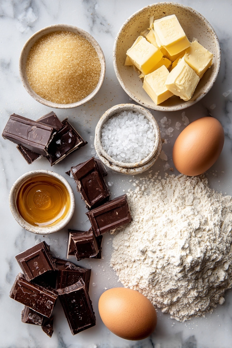 Flat lay of rich golden salted butter chunks, deep dark brown sugar crystals, light golden honey drizzle, smooth vanilla beans, plump large fresh egg, rustic coarse all-purpose flour mound, glossy dark chocolate chunks, and delicate flakes of sea salt, all beautifully arranged in an inviting pattern placed on a white marble surface, photo taken with an iphone --ar 2:3 --v 7 - The BEST Chocolate Chip Cookies Bakery Style, homemade soft chewy chocolate chip cookies, bakery-style chocolate chip cookies recipe, best homemade cookie recipe, easy bakery-style cookies