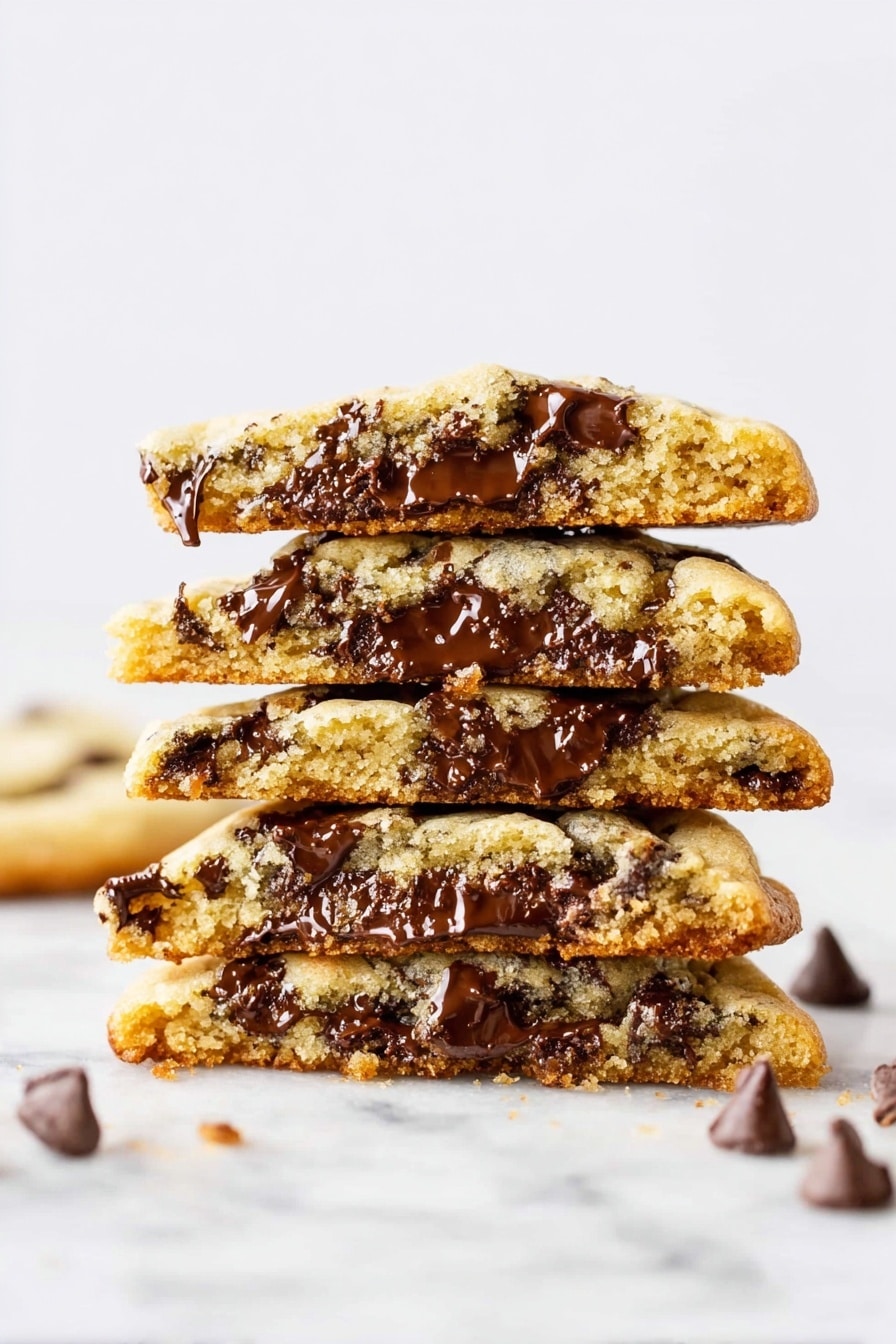 A stack of five chocolate chip cookie halves is shown upright on a white marbled surface, with each cookie layer visible in detail. The cookies are golden brown with a soft texture and are filled with melted dark chocolate chips that spread unevenly through each layer. The top cookie is slightly rounded with gooey chocolate chunks, and the sides of each cookie reveal crumbly edges. Scattered chocolate chips lie around the base of the stack. The background is plain white, making the cookies the main focus. Photo taken with an iphone --ar 2:3 --v 7 - Bakery Style Chocolate Chip Cookies, homemade chocolate chip cookies, thick chewy cookies, bakery-style cookie recipe, easy chocolate chip cookies