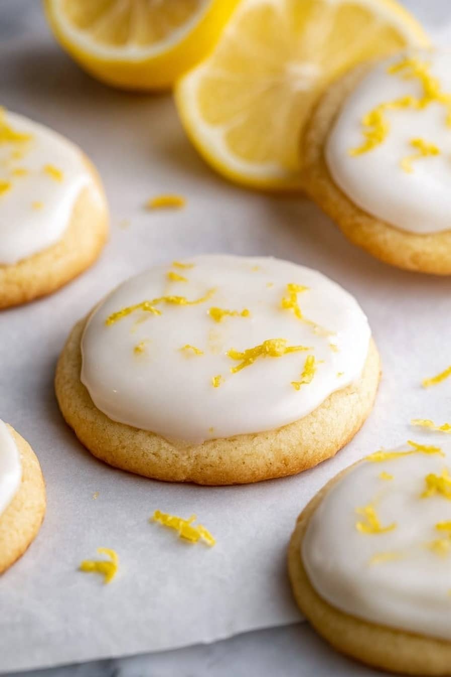 The image shows round soft cookies on white parchment paper over a white marbled surface. Each cookie has two layers: a pale golden soft cookie base and a smooth white icing layer on top, which looks glossy and slightly thick. Small bright yellow lemon zest pieces are scattered on the icing and around the cookies. In the background, there are two halves of a yellow lemon, adding color and context to the scene. The lighting is soft and bright, emphasizing the texture and freshness of the cookies and lemon. photo taken with an iphone --ar 2:3 --v 7 - Lemon Meltaway Cookies, lemon cookies, citrus cookies, buttery lemon cookies, easy lemon cookies