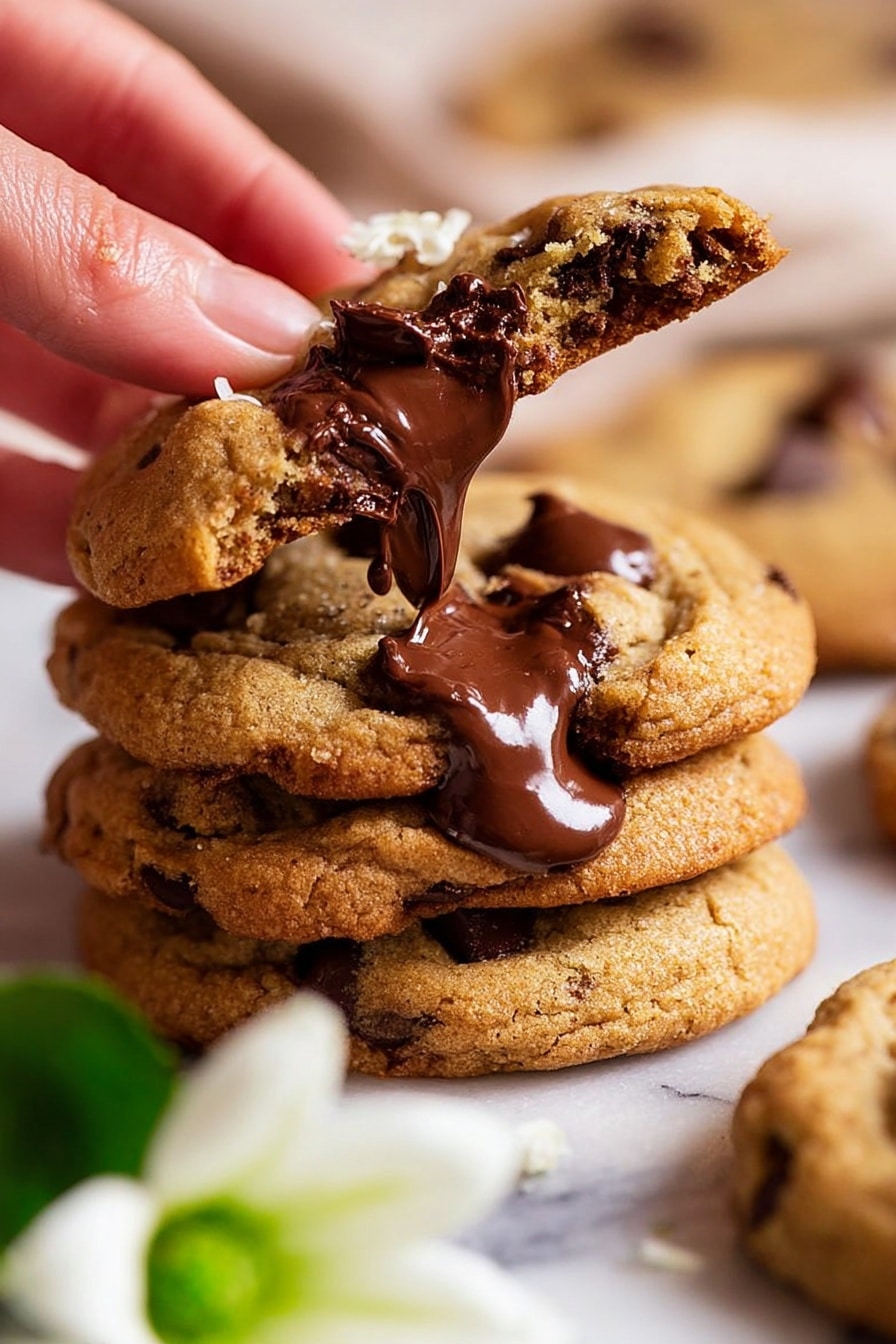A close-up view of a stack of soft, golden brown chocolate chip cookies resting on a white marbled surface, with the top cookie being held and pulled apart by a woman's hand, revealing melted, smooth dark chocolate flowing out from the center. The cookies have a slightly crumbly texture with visible shiny chocolate chips embedded on the surface. A blurred green and white flower decoration sits in the foreground, adding a soft touch to the warm, inviting scene. photo taken with an iphone --ar 2:3 --v 7 - Nutella Stuffed Cookies, Nutella Cookies, Chocolate Hazelnut Cookies, Soft Chewy Cookies, Easy Nutella Dessert