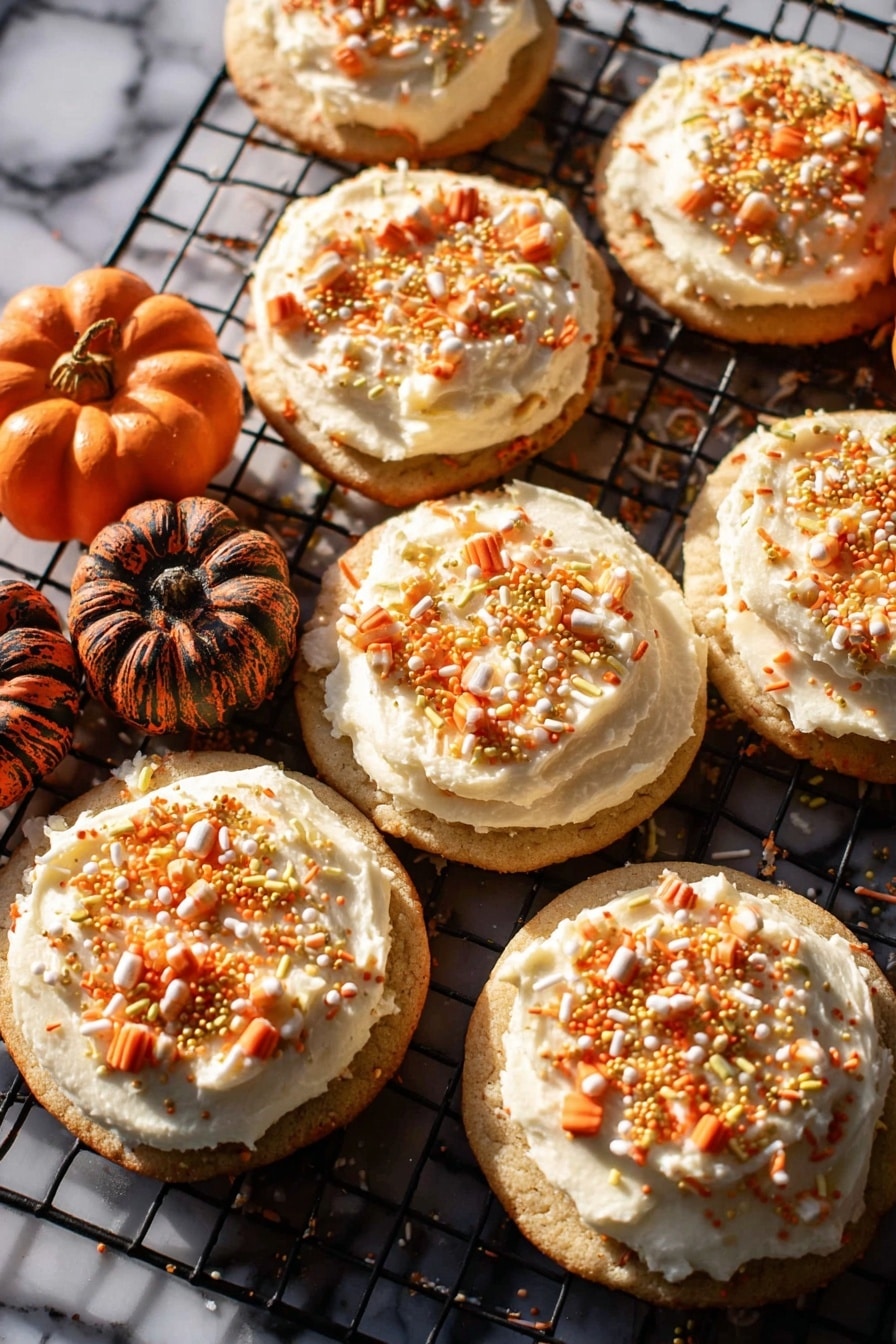 The image shows seven round cookies with a light brown base topped with a thick, creamy layer of white frosting spread unevenly on each cookie. On top of the frosting, there are various small sprinkles in orange, white, and gold, some shaped like mini pumpkins and others like tiny rods or balls, all scattered across the surface. The cookies are placed on a black wire cooling rack, and there are two small decorative pumpkins with dark orange and brown hues positioned among the cookies. The background surface is a white marbled texture. photo taken with an iphone --ar 2:3 --v 7 - Frosted Soft Pumpkin Sugar Cookies, pumpkin spice sugar cookies, fall cookies with cream cheese frosting, cozy pumpkin dessert, soft pumpkin cookie recipe