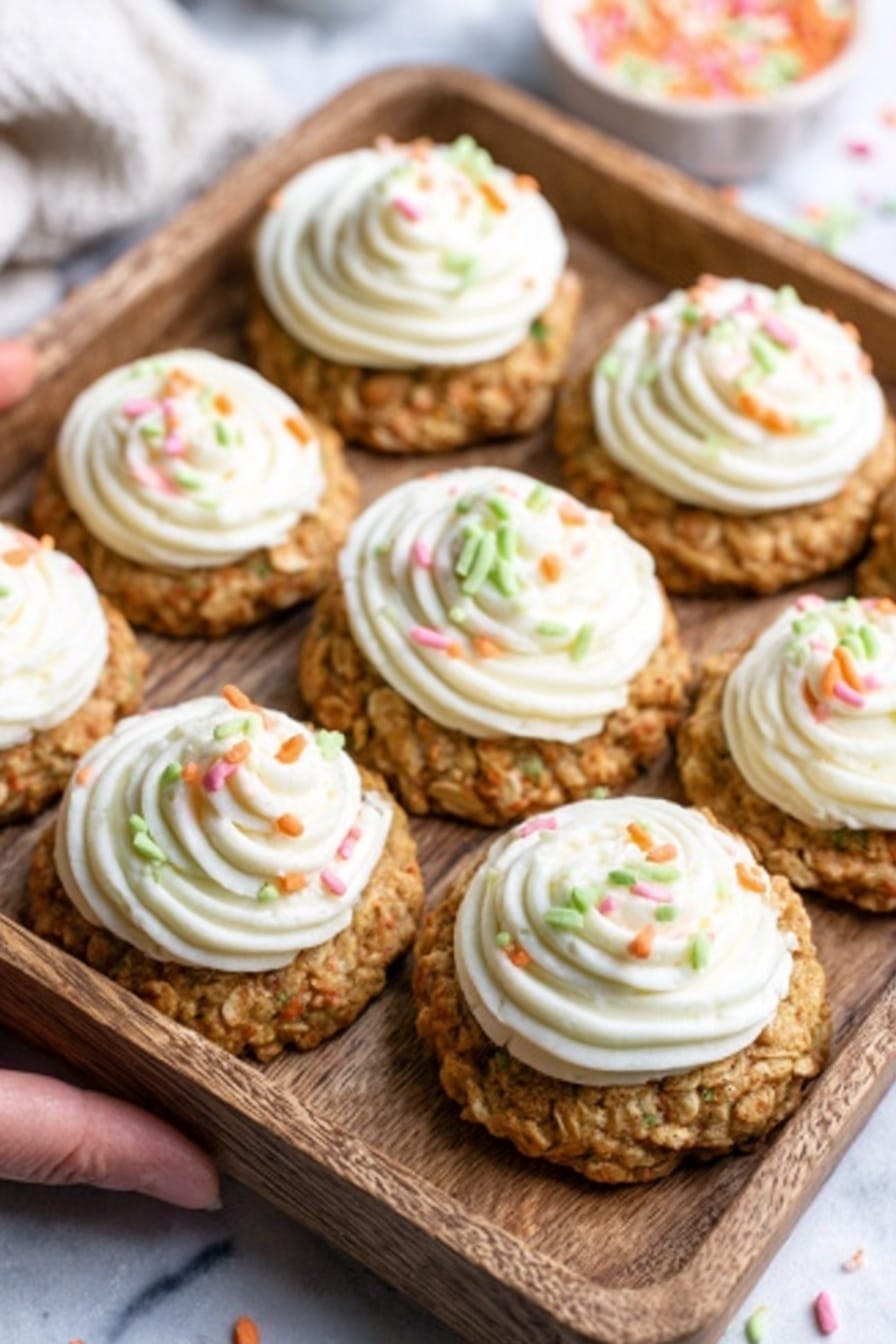 The image shows a wooden tray filled with round oatmeal cookies, each topped with a thick swirl of white frosting. The frosting is smooth and creamy, decorated with small colorful sprinkle bits in light green, orange, and pink. The cookies have a rough, bumpy texture with visible oats and a golden-brown color. The background is a white marbled surface, and a woman's hand is holding the tray from one side. photo taken with an iphone --ar 2:3 --v 7 - Carrot Cake Cookies, Carrot Cake Cookies Recipe, Easy Carrot Cake Cookies, Best Carrot Cake Cookies, Chewy Carrot Cake Cookies