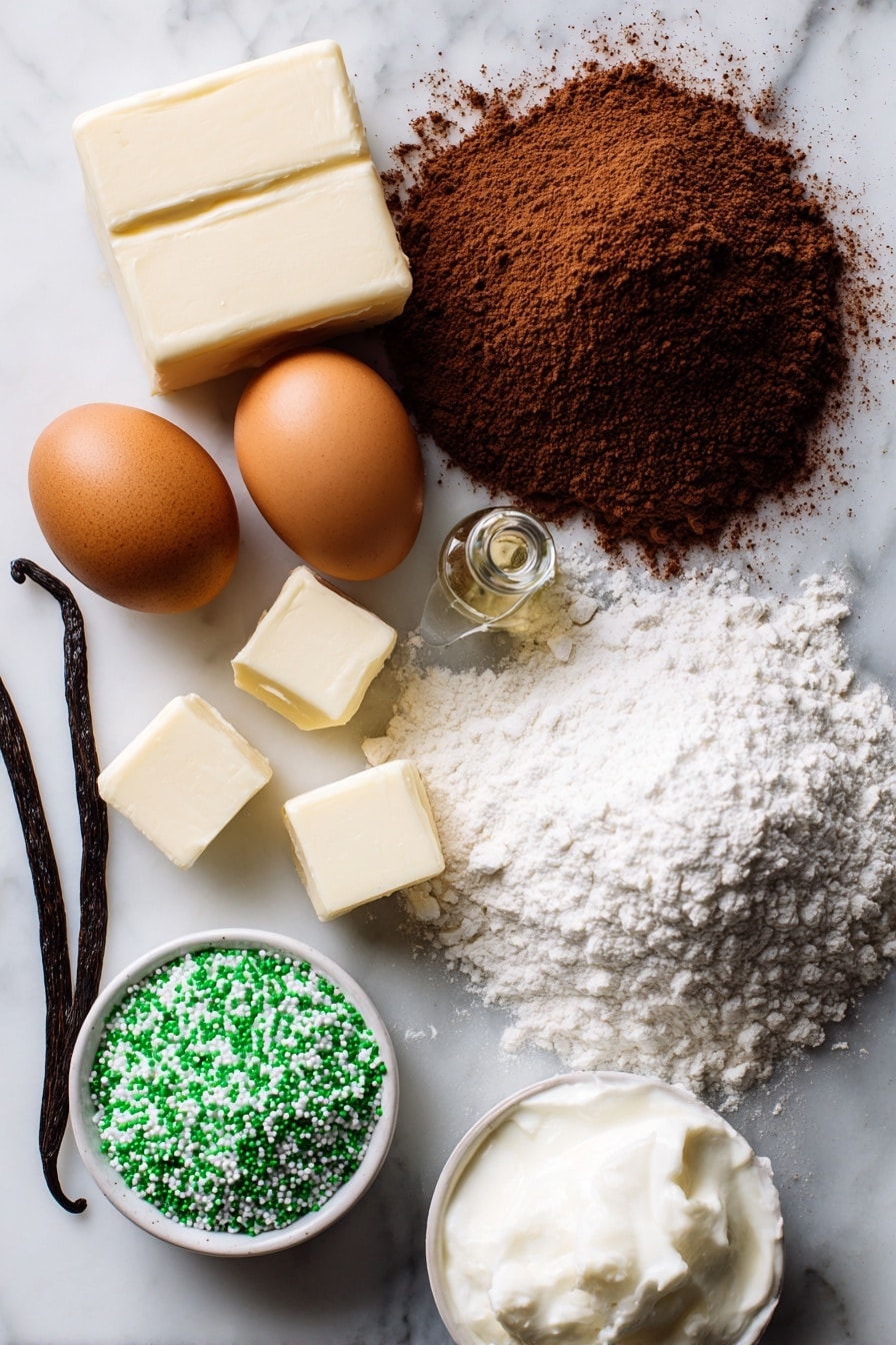 Flat lay of rich unsweetened cocoa powder in a small heap, smooth unsalted butter blocks, two large brown eggs, a mound of white granulated sugar, a vanilla bean pod alongside a small glass vial of vanilla extract, a neat pile of all-purpose flour, and a small bowl of glossy white cookie icing with green sprinkles scattered around, all beautifully arranged on a white marble surface, photo taken with an iphone --ar 2:3 --v 7 - Chocolate Football Cookies with Icings, football-shaped cookies, chocolate dessert recipes, game day treat ideas, easy holiday cookie recipes