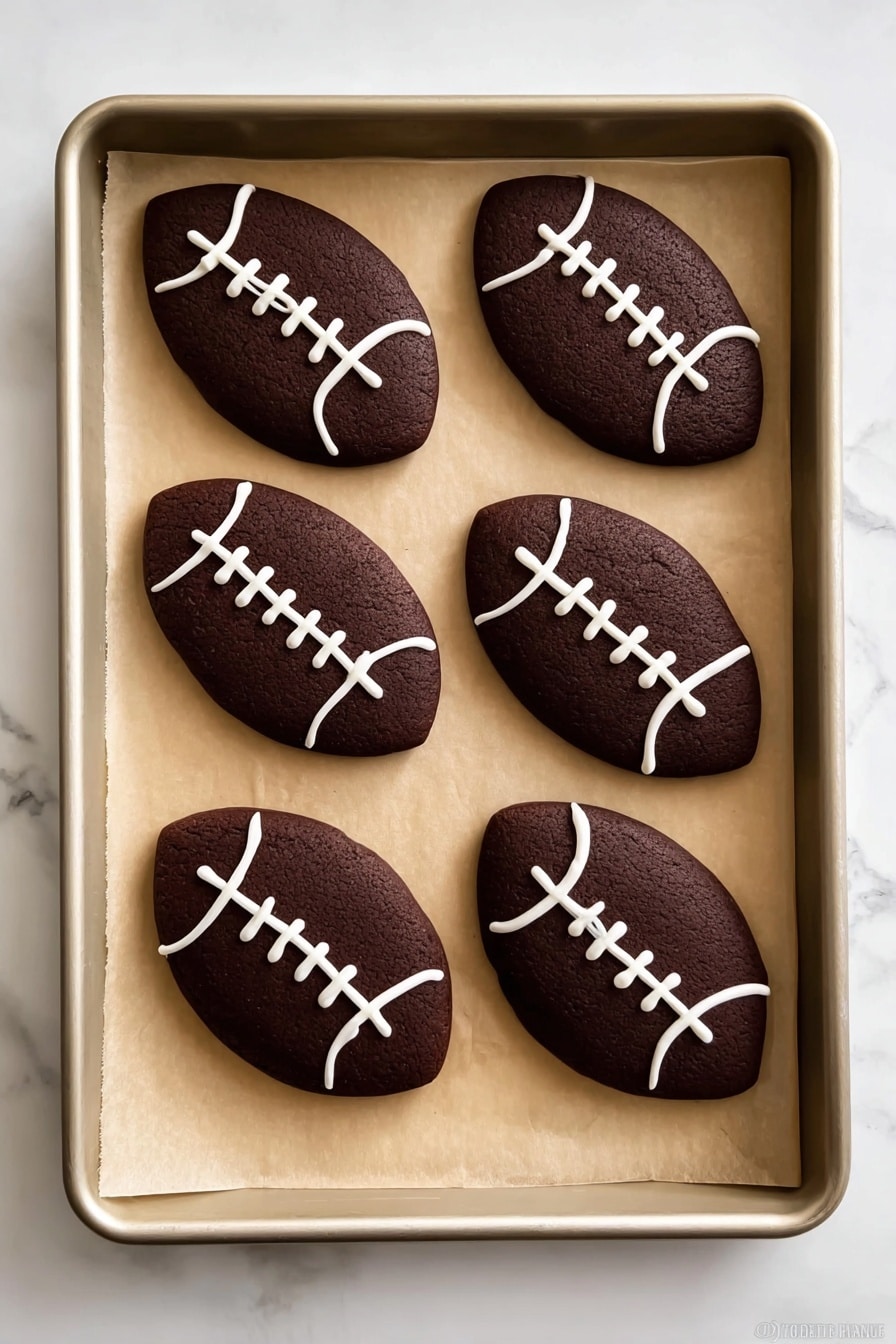 Six dark brown football-shaped cookies lie on light brown parchment paper inside a light-colored baking tray. Each cookie has white icing details: two curved lines near the short ends and five short straight lines crossing a central horizontal line in the middle, resembling football stitches. The tray sits on a white marbled surface. photo taken with an iphone --ar 2:3 --v 7 - Chocolate Football Cookies with Icings, football-shaped cookies, chocolate dessert recipes, game day treat ideas, easy holiday cookie recipes