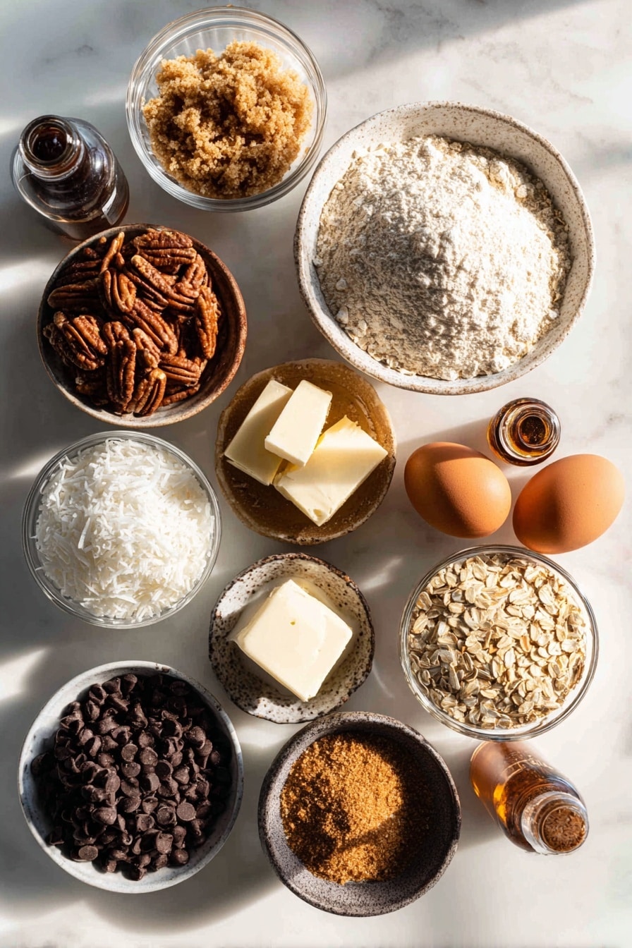 Flat lay of coarsely chopped pecans, sweetened shredded coconut, old-fashioned rolled oats, heaping piles of dark brown sugar and granulated sugar, chunks of softened unsalted butter, large brown eggs, glossy semisweet and milk chocolate chips mixed together, and small glass bottles of vanilla extract and ground cinnamon, all beautifully arranged with natural light and soft shadows, placed on a white marble surface, photo taken with an iphone --ar 2:3 --v 7 - Cowboy Cookies, cowboy cookies recipe, chewy oatmeal cookies, chocolate chip pecan cookies, easy cowboy cookies