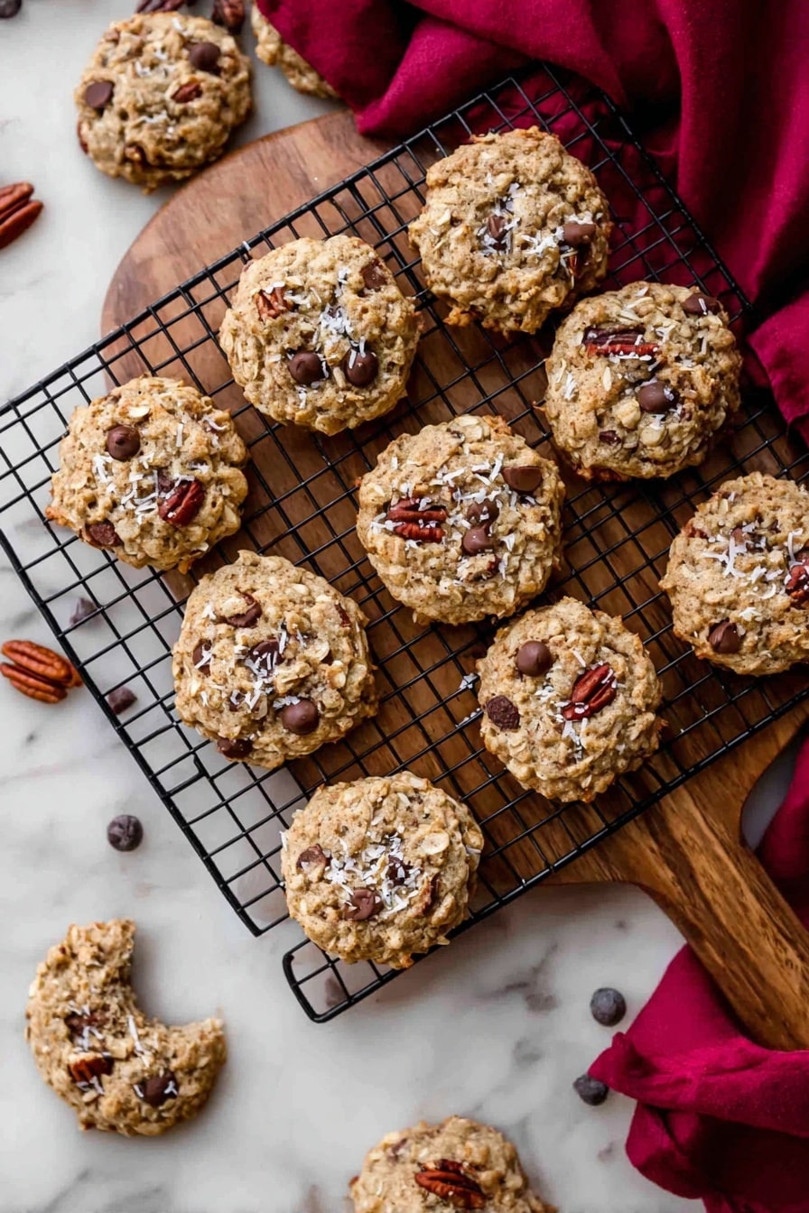 The image shows a group of round oatmeal cookies placed on a black wire cooling rack over a wooden board that rests on a white marbled surface. Each cookie is light brown with a rough, chewy texture and is topped with dark brown chocolate chips, small bits of pecans, and white coconut flakes sprinkled across them. One cookie in the bottom left corner has a bite taken from it revealing the inside. A deep red cloth is partly visible in the top right corner, adding a warm contrast to the scene. Small pieces of broken pecans and scattered chocolate chips can be seen around the cookies adding more detail. photo taken with an iphone --ar 2:3 --v 7 - Cowboy Cookies, cowboy cookies recipe, chewy oatmeal cookies, chocolate chip pecan cookies, easy cowboy cookies