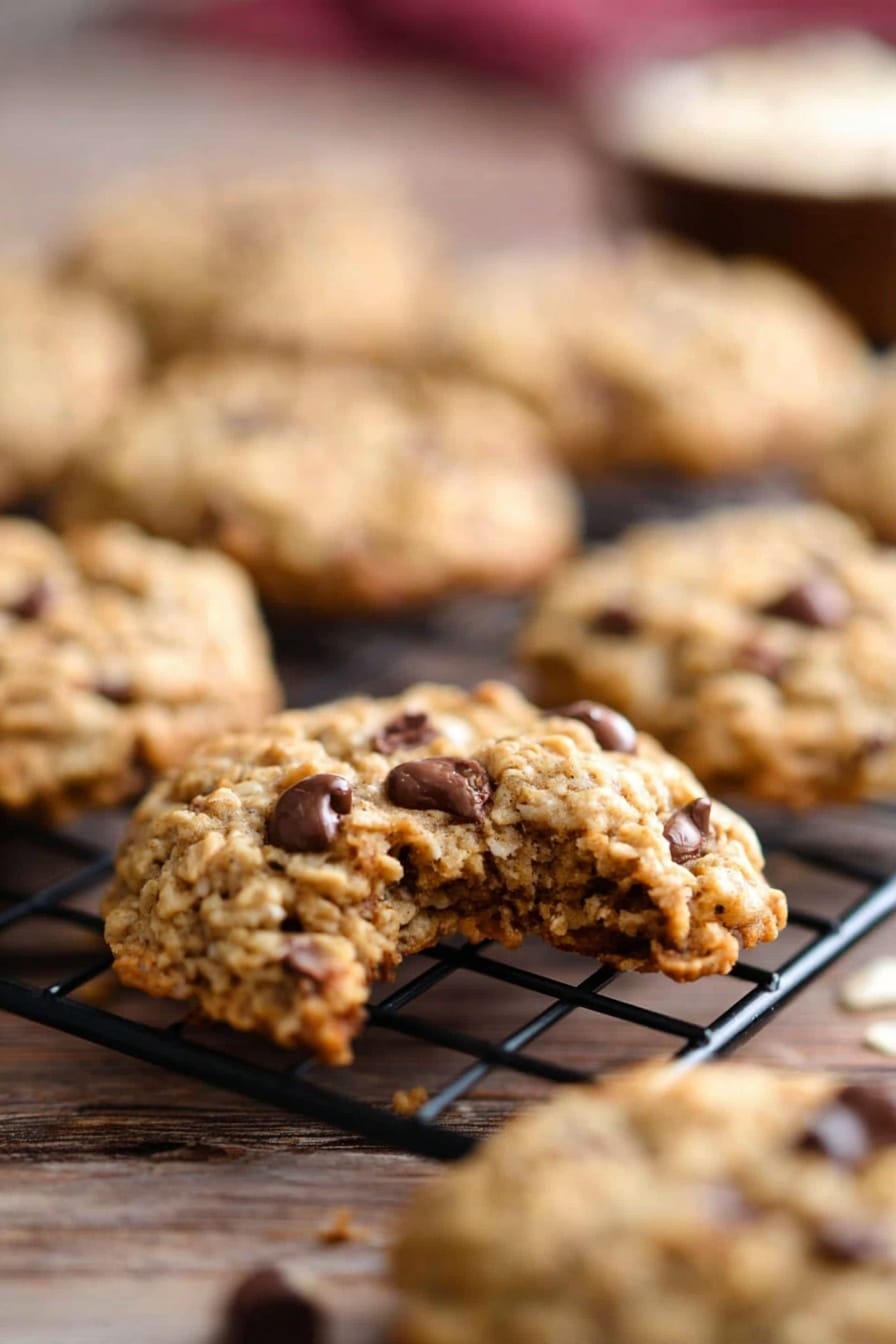 A close-up image of several oatmeal cookies with chocolate chips resting on a black wire cooling rack over a wooden surface, with one cookie in the front partially eaten showing its dense, chewy texture inside, light golden brown color, and visible oats and chocolate chips on top; the background is softly blurred, highlighting the cookies. photo taken with an iphone --ar 2:3 --v 7 - Cowboy Cookies, cowboy cookies recipe, chewy oatmeal cookies, chocolate chip pecan cookies, easy cowboy cookies