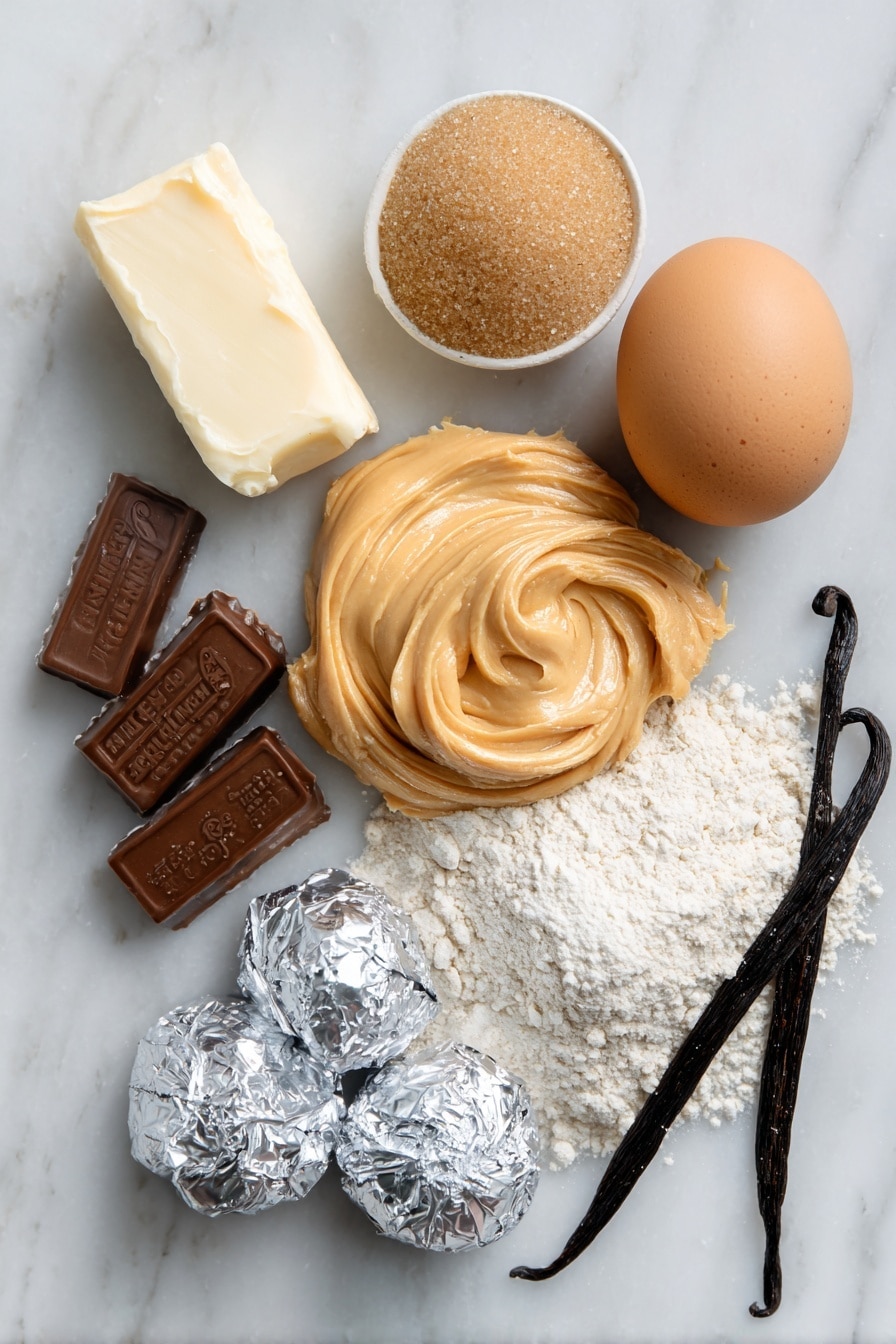 Flat lay of creamy peanut butter smooth and rich in texture, softened unsalted butter with a pale yellow hue, granulated sugar sparkling like tiny crystals, packed light brown sugar with its deep caramel color, a single large egg with a smooth shell, vanilla beans split open to reveal tiny black seeds, all-purpose flour in a small neat pile showing its fine texture, and unwrapped Hershey’s chocolate kisses with their shiny silver foil partially peeled back, placed on a white marble surface, photo taken with an iphone --ar 2:3 --v 7 - Peanut Butter Blossom Cookies, Peanut Butter Cookies with Hershey's Kisses, Classic Peanut Butter Cookies, Easy Peanut Butter Cookie Recipe, No-Bake Peanut Butter Cookies