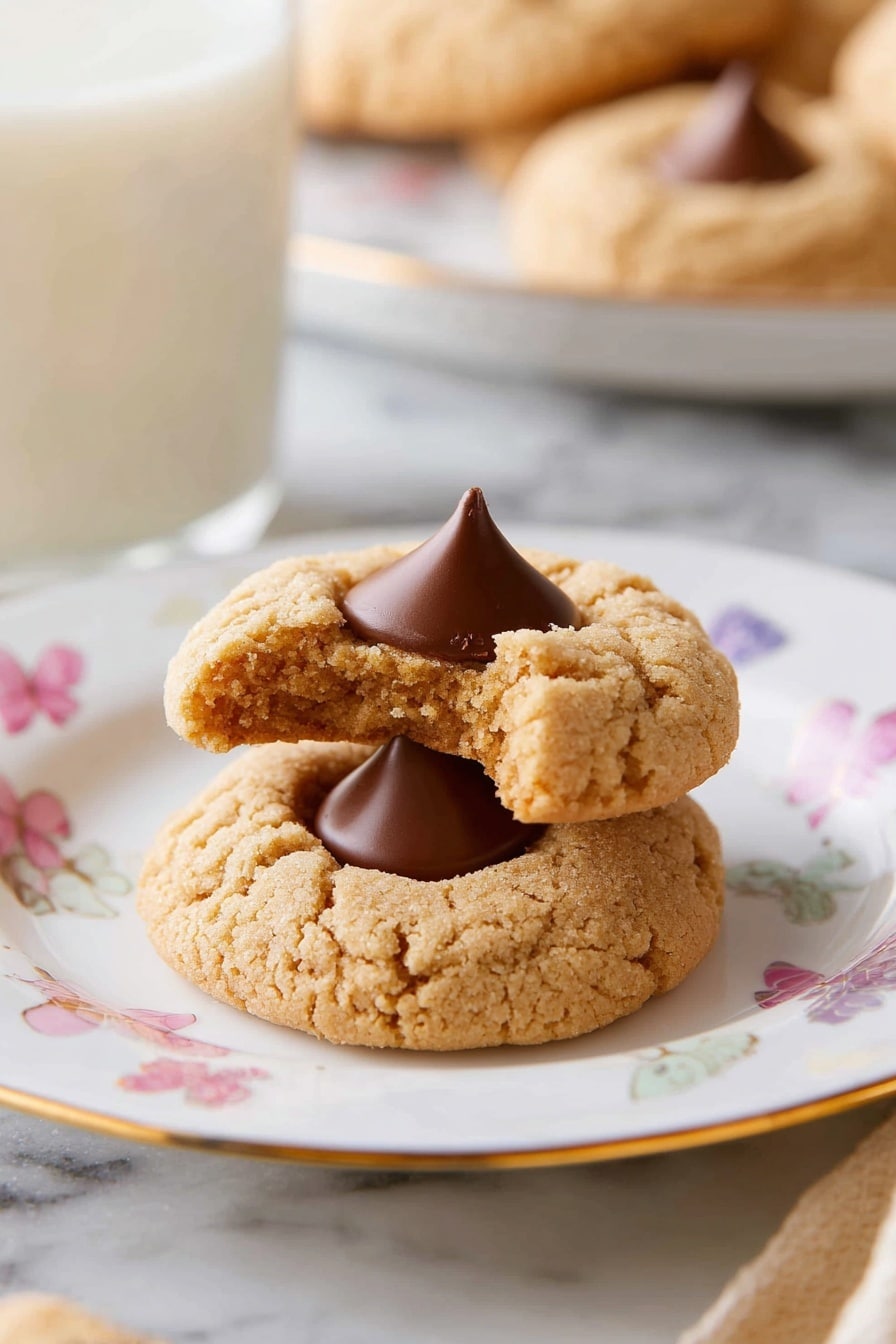 Two round peanut butter cookies with a cracked, slightly crumbly light brown surface sit stacked on a white plate decorated with small colorful butterflies and a thin gold rim; the cookie on top has a bite taken out of it, revealing a soft inside, and both cookies have a large, smooth, dark brown chocolate kiss shape pressed into their centers. In the background, a blurred glass of white milk and another plate with similar cookies are visible, all placed on a white marbled surface. Photo taken with an iphone --ar 2:3 --v 7 - Peanut Butter Blossom Cookies, Peanut Butter Cookies with Hershey's Kisses, Classic Peanut Butter Cookies, Easy Peanut Butter Cookie Recipe, No-Bake Peanut Butter Cookies