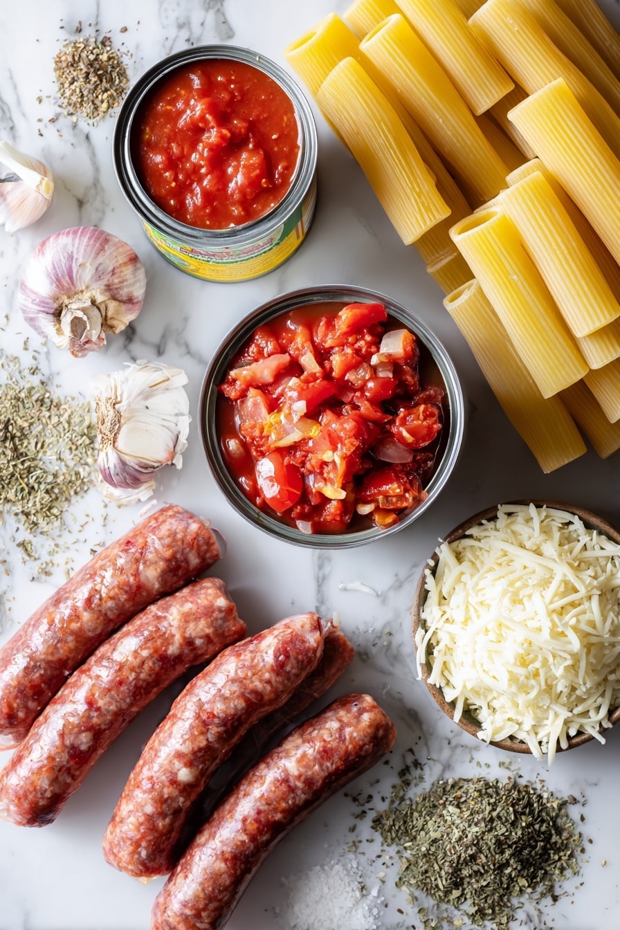 Flat lay of Italian sausage links, a small chopped onion, several garlic cloves, a can of crushed tomatoes opened to show the rich red sauce, diced tomatoes spilling slightly from an opened can, scattered dried Italian seasoning herbs including oregano and basil, a pile of uncooked ziti pasta tubes, and a small mound of shredded mozzarella cheese, all beautifully arranged with natural lighting and fresh, vibrant colors, placed on a white marble surface, photo taken with an iphone --ar 2:3 --v 7 - Slow Cooker Baked Ziti, baked ziti, slow cooker pasta recipes, cheesy baked ziti, easy slow cooker dinner