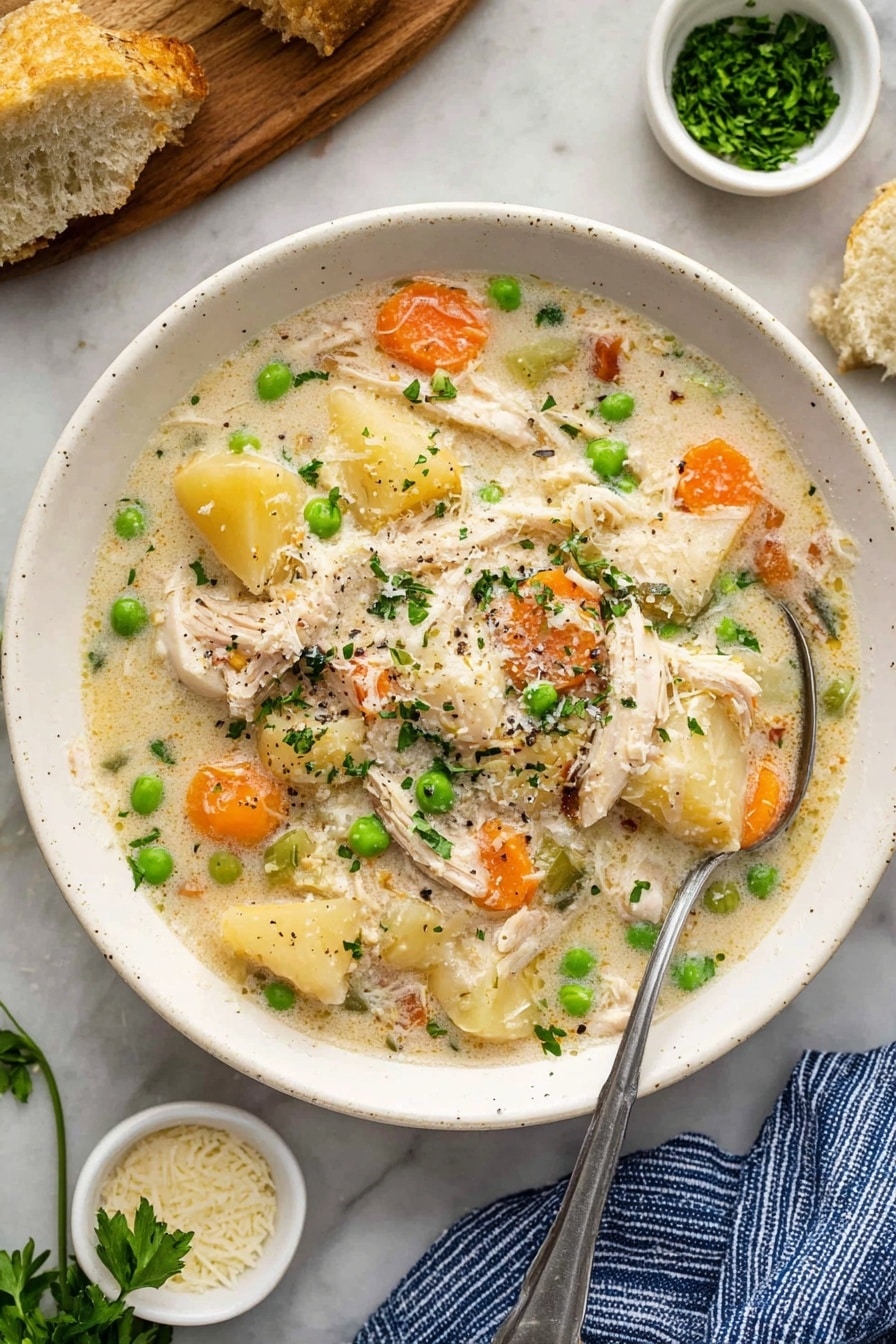 A white bowl filled with creamy chicken soup sits on a white marbled surface. The soup has layers of white shredded chicken, bright orange carrot slices, and vibrant green peas mixed with chunks of pale potatoes, all covered in a thick, light beige broth. There are small bits of green herbs sprinkled on top for color. A silver spoon rests inside the bowl with some soup on it. Around the bowl, there are white small dishes holding grated cheese and green chopped herbs, along with fresh parsley on the side and a piece of bread placed on a wooden surface. A blue and white striped cloth is partially visible near the bowl. Photo taken with an iphone --ar 2:3 --v 7 - Slow Cooker Garlic Parmesan Chicken Stew, Creamy Chicken Stew with Parmesan, Easy Slow Cooker Chicken Recipes, Comfort Food Chicken Stew, Garlic Parmesan Chicken Dinner