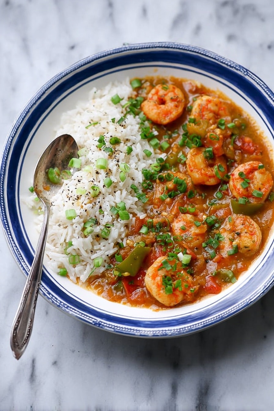 A white bowl with a blue rim holds a dish separated into two parts: on the left side, there is a layer of white rice, sprinkled with small green onion pieces and black pepper, and on the right side, a thick orange-brown shrimp stew with visible whole shrimp, slices of green bell pepper, and tomato chunks, topped with chopped green onions and herbs. A silver spoon rests on the rice, partly submerged. The bowl is placed on a white marbled surface. Photo taken with an iphone --ar 2:3 --v 7 - New Orleans Gumbo with Shrimp and Sausage, Cajun gumbo recipe, Louisiana seafood gumbo, hearty shrimp sausage stew, authentic Cajun gumbo