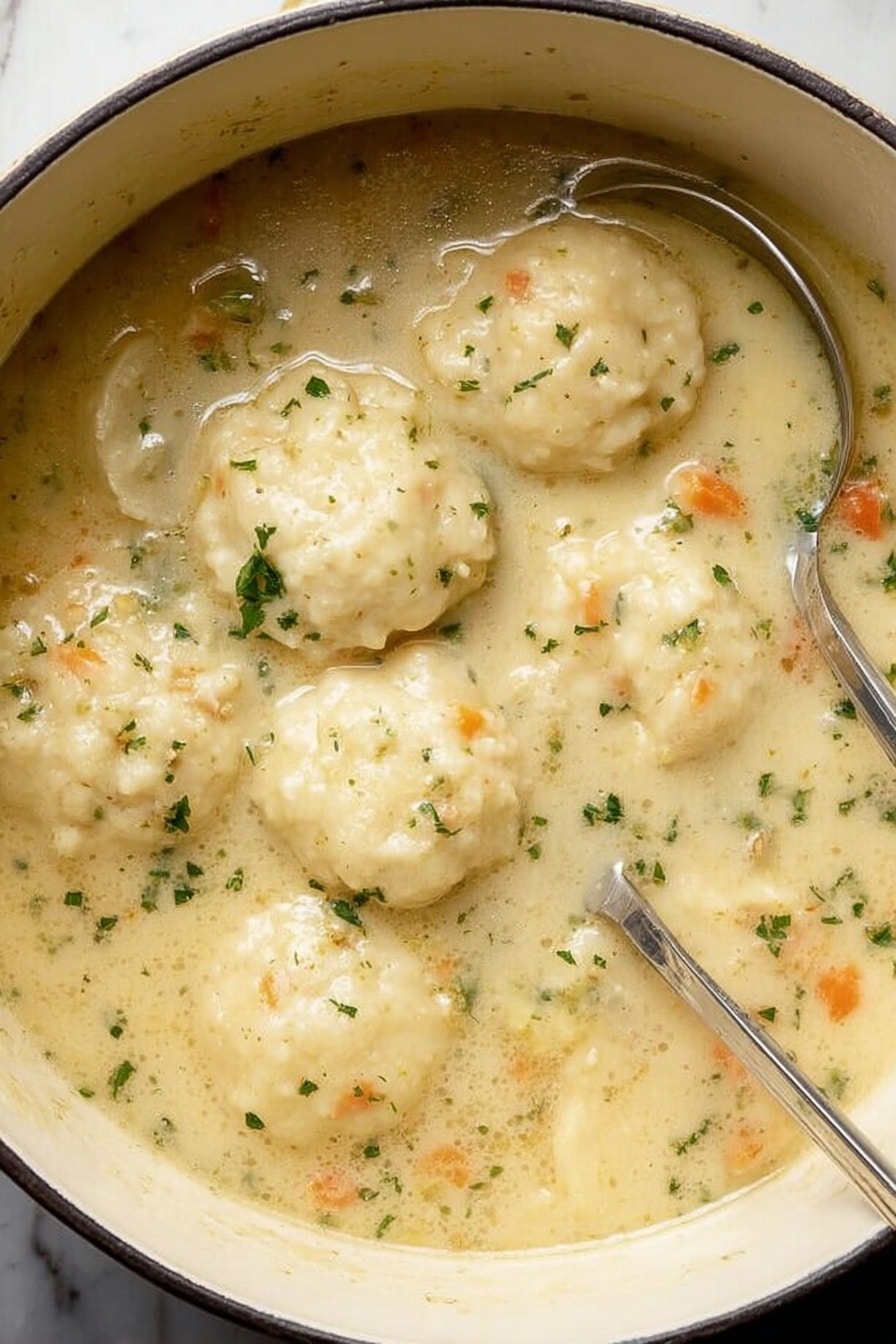 The image shows a white pot filled with a creamy soup that has large, round, pale dumplings floating on the surface. The soup is light beige with small green herbs and tiny orange vegetable pieces scattered throughout. There are two silver spoons placed inside the pot, partially submerged in the soup. The texture of the dumplings looks soft and slightly lumpy, and the broth appears thick and smooth. The background is a white marbled surface. photo taken with an iphone --ar 2:3 --v 7 - Easy Homemade Chicken and Dumplings, chicken and dumplings, homemade chicken stew, simple chicken and dumplings recipe, comforting chicken dish