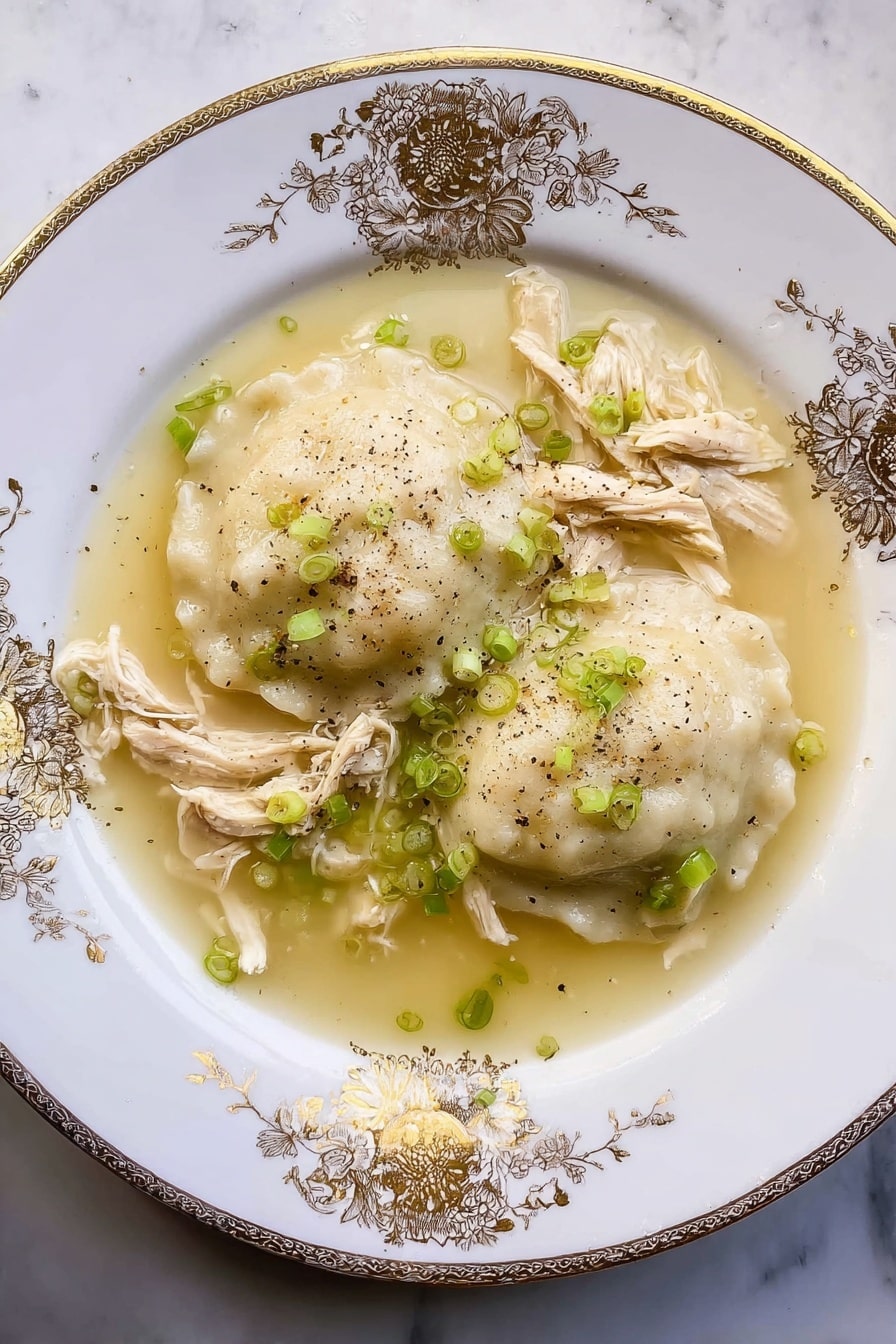 A white plate with gold floral designs holds two large, white dumplings covered in a light, clear broth with a slight yellow tint. Surrounding the dumplings are several pieces of shredded chicken with a soft texture and pale beige color. The broth is sprinkled with small green onion slices and a light dusting of black pepper, adding tiny specks of green and black over the dish. The plate sits on a white marbled surface. Photo taken with an iphone --ar 2:3 --v 7 - Easy Homemade Chicken and Dumplings, chicken and dumplings, homemade chicken stew, simple chicken and dumplings recipe, comforting chicken dish