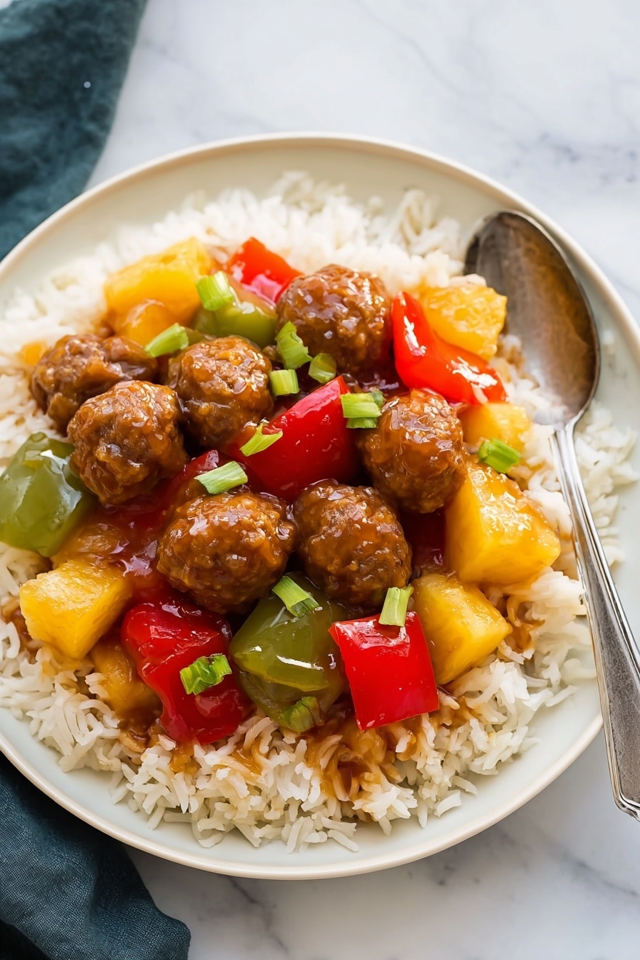 A white plate is filled with a layer of cooked white rice spread evenly, topped with a mix of small round brown meatballs, and chunks of red, yellow, and green bell peppers along with yellow pineapple pieces. The ingredients are covered in a shiny brown sauce giving a glazed look. The plate rests on a white marbled surface, and a silver spoon is placed on the right side of the plate. photo taken with an iphone --ar 2:3 --v 7 - Sweet and Sour Crockpot Meatballs, crockpot meatball recipes, easy crockpot dinners, kid-friendly dinner ideas, make-ahead holiday meals